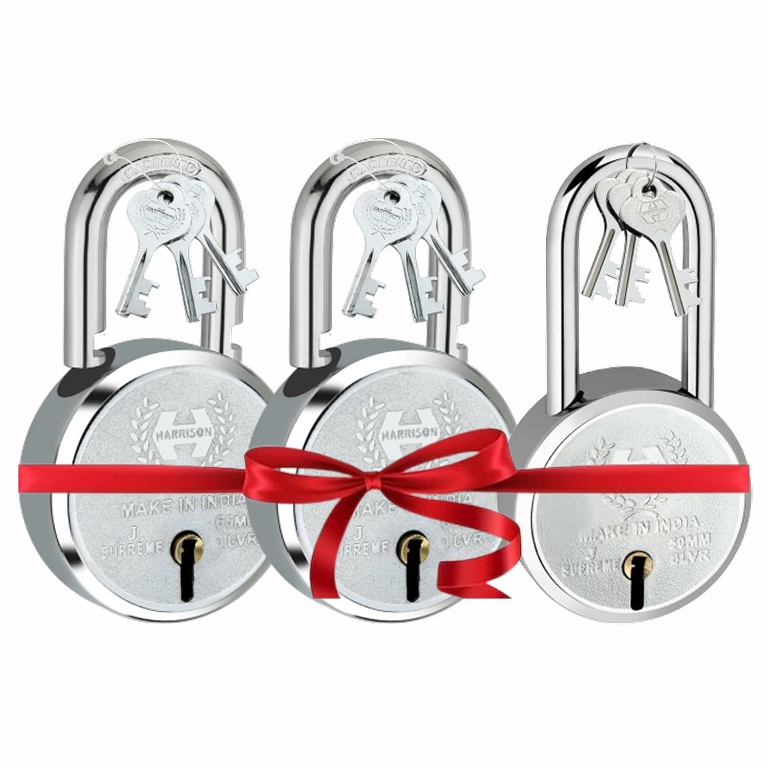 Harrison Padlocks Buy 1 Get 2 Free/ 1 Round Padlock 65mm 0663 with 2 Round Padlock 50mm 0659/ Mild Steel Material/Bright Chrome Plated Finish/Door Lock, Shutter Lock, Godown Lock H0096