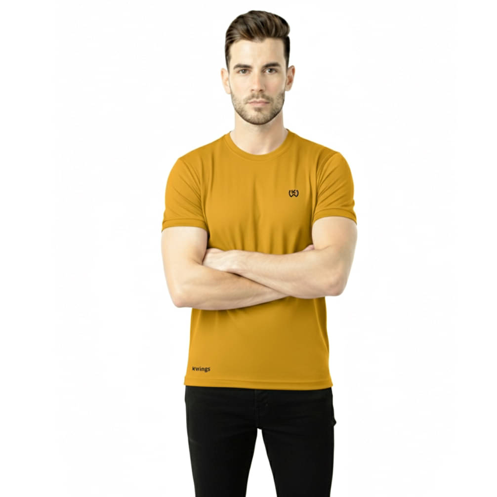     			KWINGS Men Cotton Blend Regular Fit Solid T-Shirt ( Yellow )