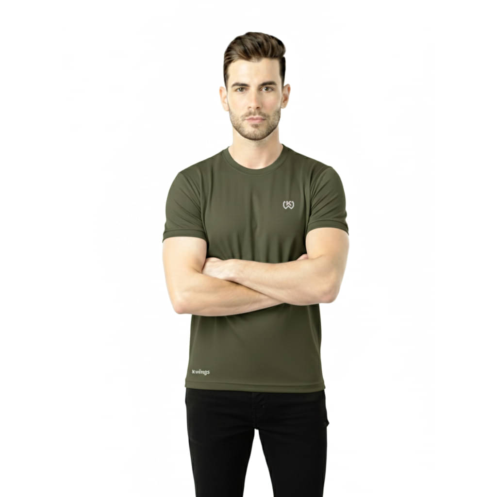     			KWINGS Men Cotton Blend Regular Fit Solid T-Shirt ( Olive )