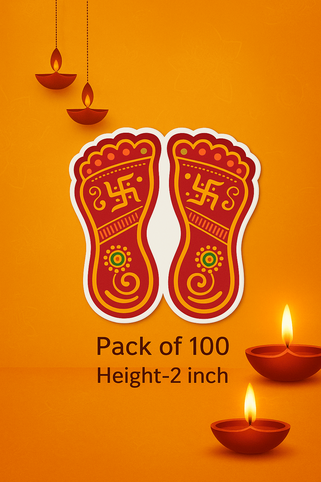     			Pack of 100 Charan Paduka Stickers | Goddess Lakshmi Footprint Decals for Diwali, Pooja, Mandir & Home Decoration (2 Inch Height)