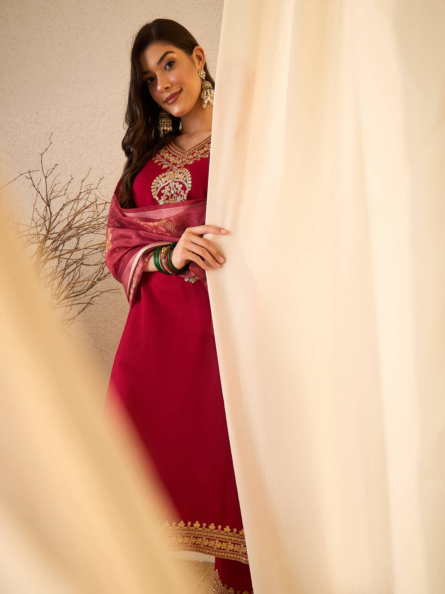 Royal Export Women Silk Blend Embroidered Straight Kurti With Pants ( Maroon )