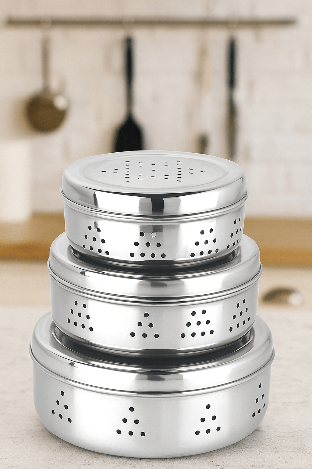     			STEEPLE Dhaniya Dabba Steel Silver Utility Container ( Set of 3 )