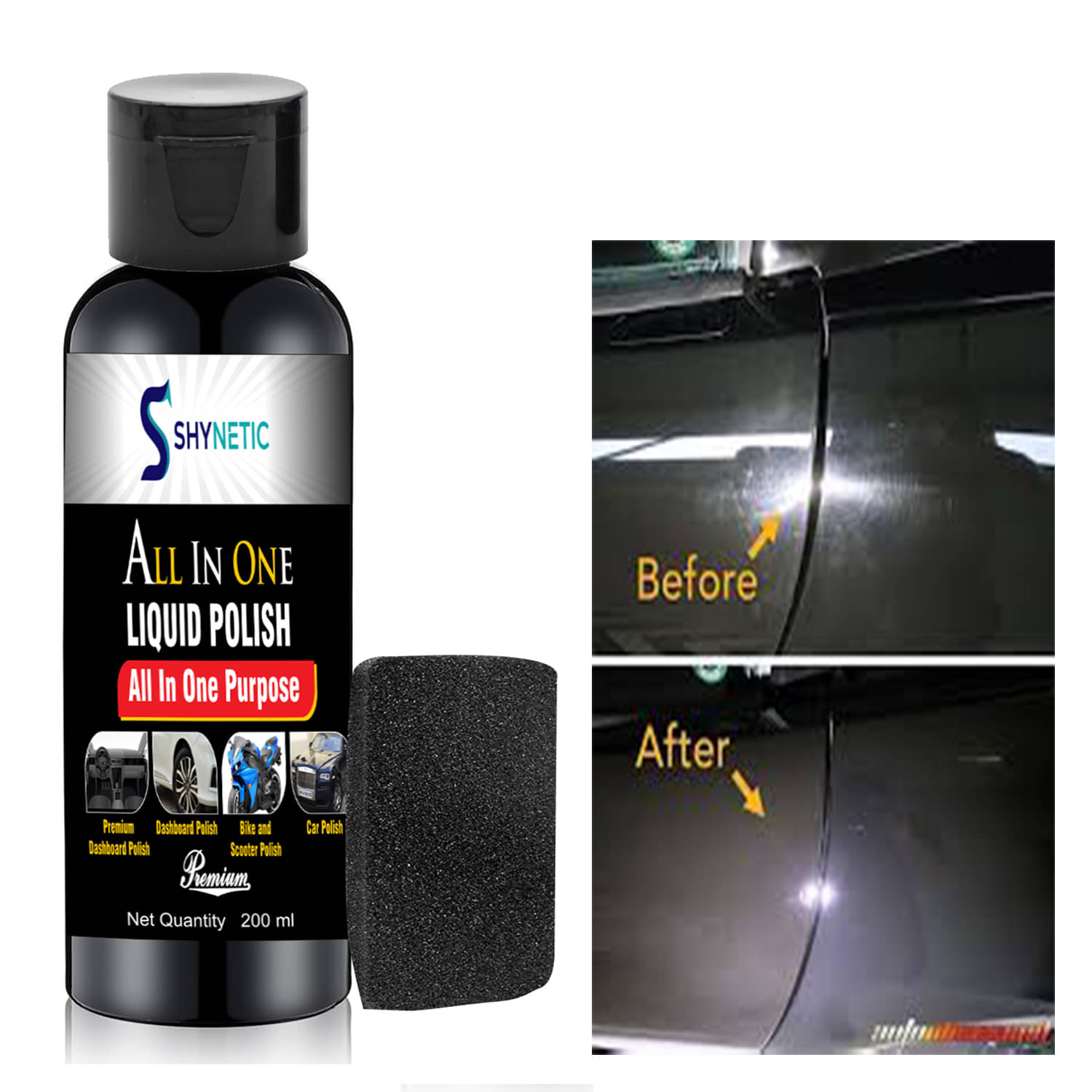     			Shynetic Multi-Use All-in-One Liquid Polish – High Gloss Finish for Leather, Dashboard, Vinyl, Wood, Bike and Car Restoration – 200 ml with Foam
