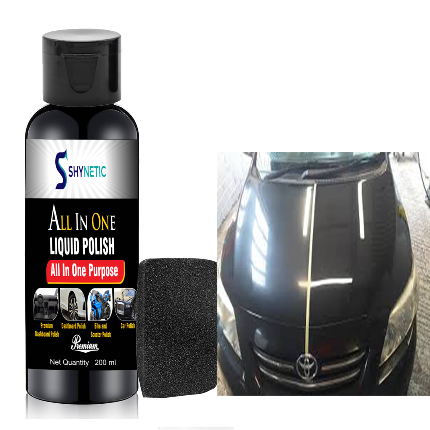 Shynetic Professional All-in-One Liquid Polish – Cleans, Protects & Polishes Leather, Car Dashboard, Bike and Car Restoration – 200 ml with Foam Shynetic Professional All-in-One Liquid Polish – Cleans, Protects & Polishes Leather, Car Dashboard, Bike and Car Restoration – 200 ml with Foam