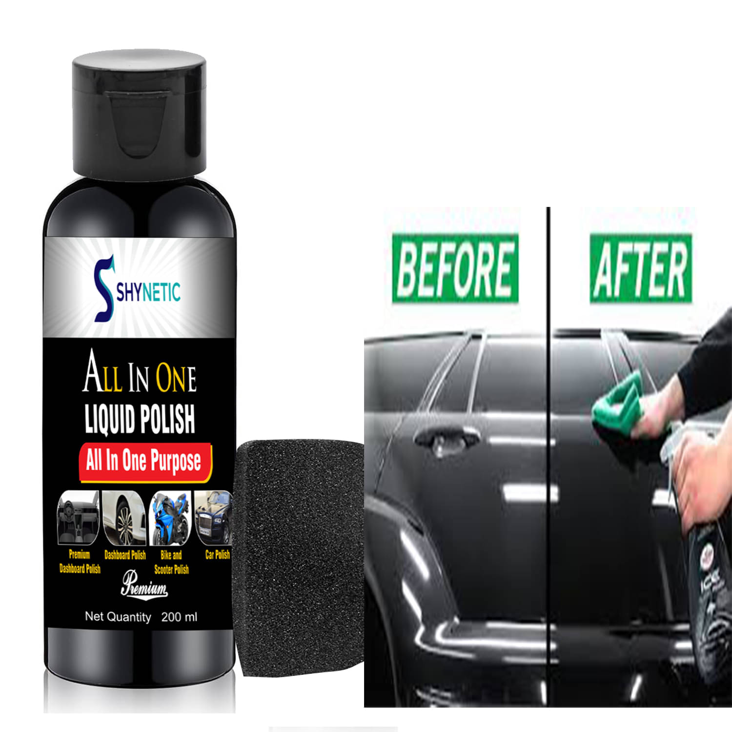     			Shynetic Versatile All-in-One Liquid Polish – Instant Gloss for Leather, Car Dashboards, Wood, Plastic, Bike and Car Restoration – 200 ml with Foam
