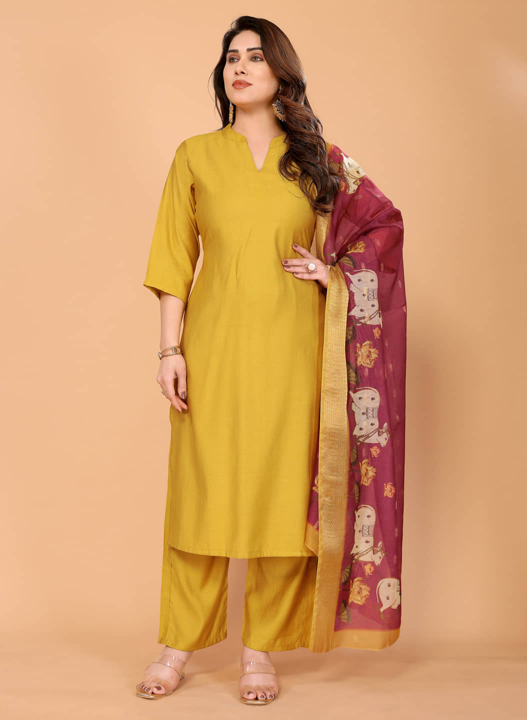 Style Samsara Women Silk Solid Straight Kurti With Pants ( Mustard )