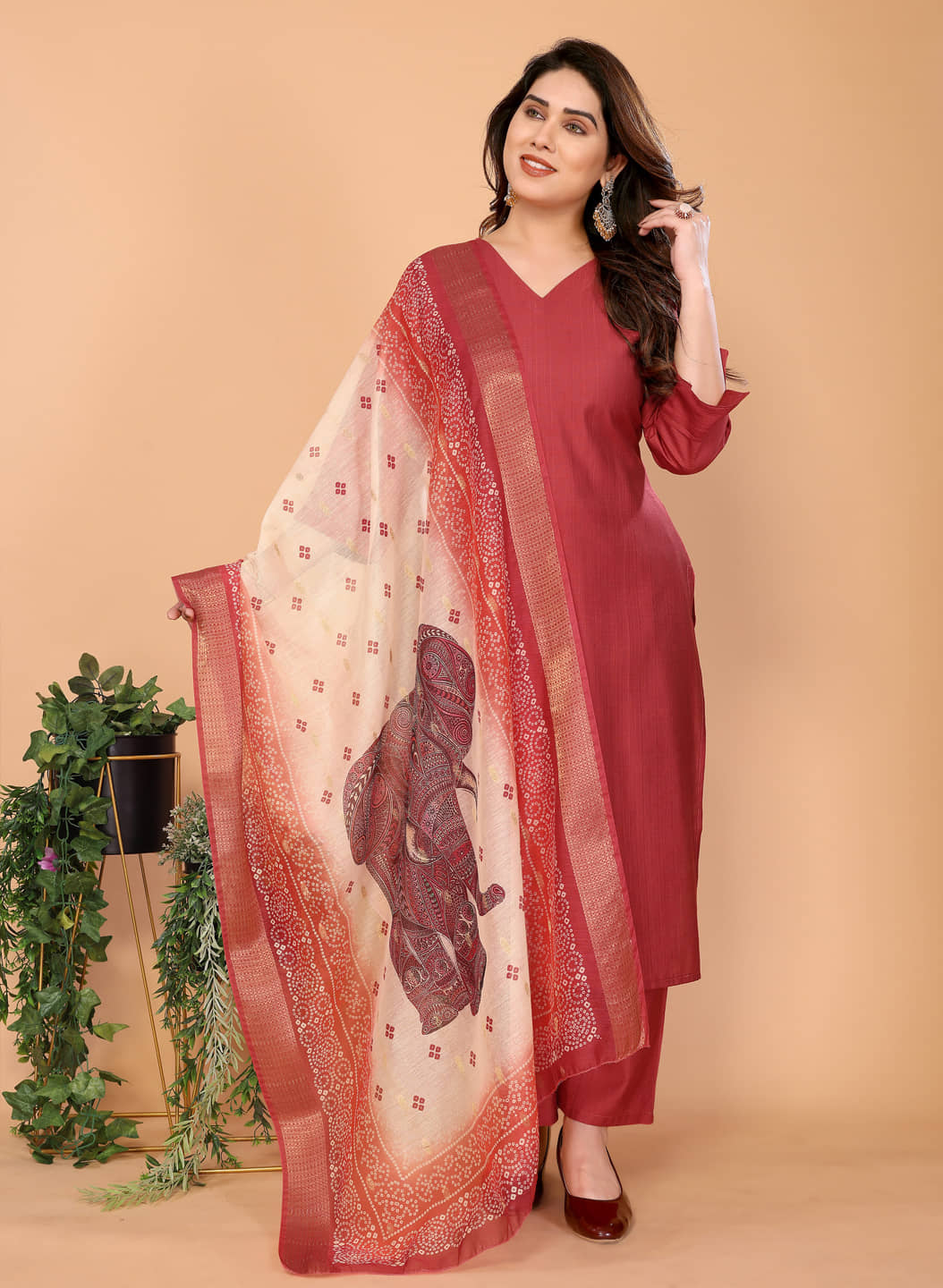 Style Samsara Women Silk Solid Straight Kurti With Pants ( Rust )