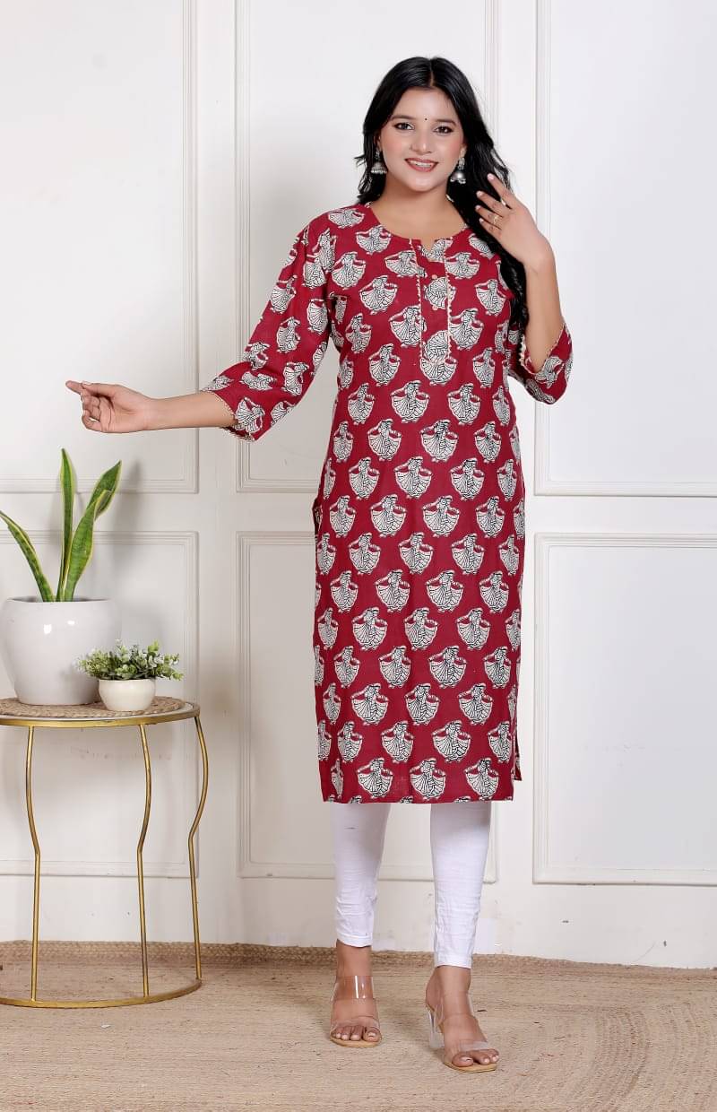 Tankirti Women Cotton Printed Straight Kurti ( Maroon )     			Tankirti Women Cotton Printed Straight Kurti ( Maroon )