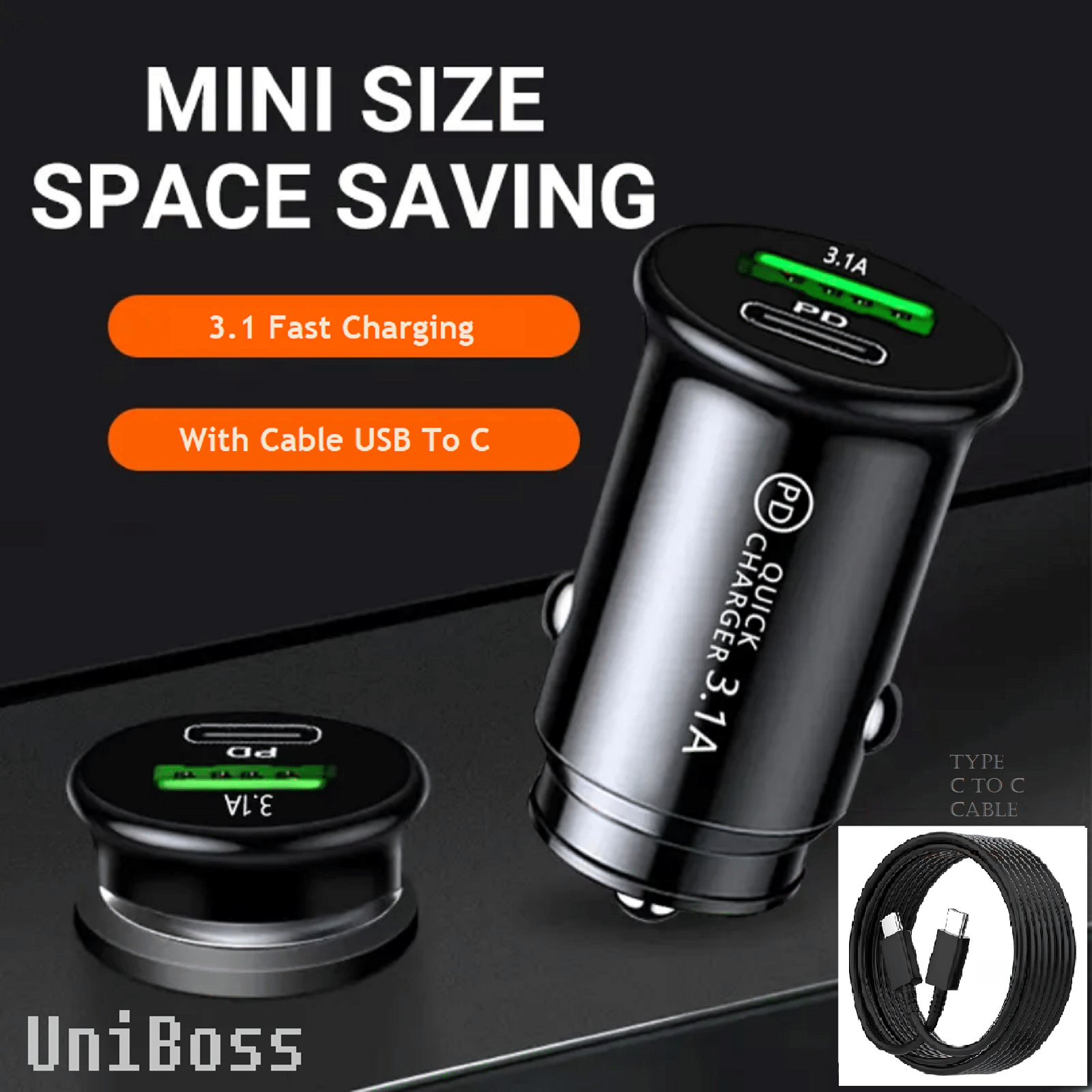 UniBoss Car Mobile Charger Turbo & Fast QC PD Black     			UniBoss Car Mobile Charger Turbo & Fast QC PD Black