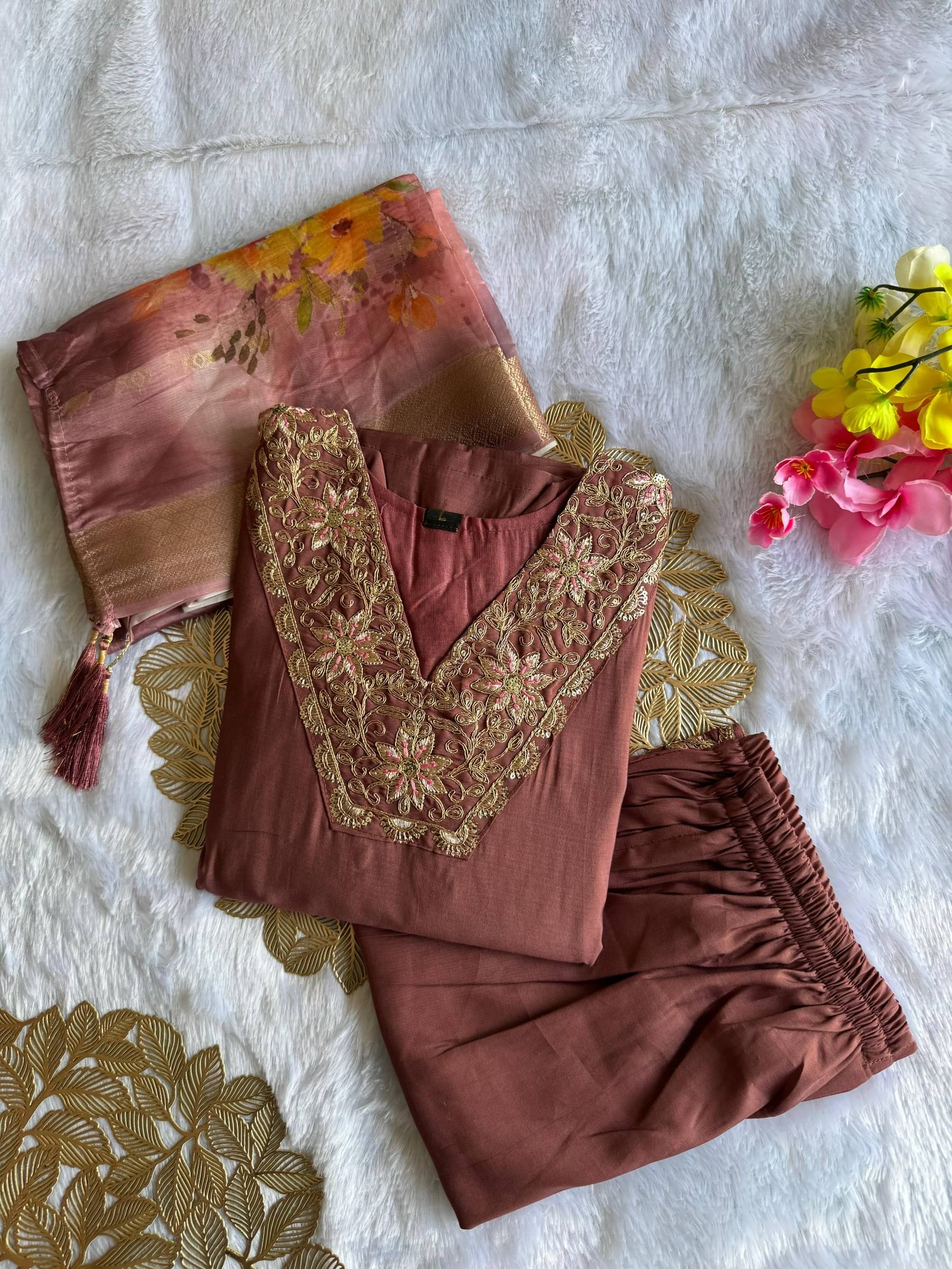     			VT NX Women Viscose Embroidered Straight Kurti With Pants ( Rust )
