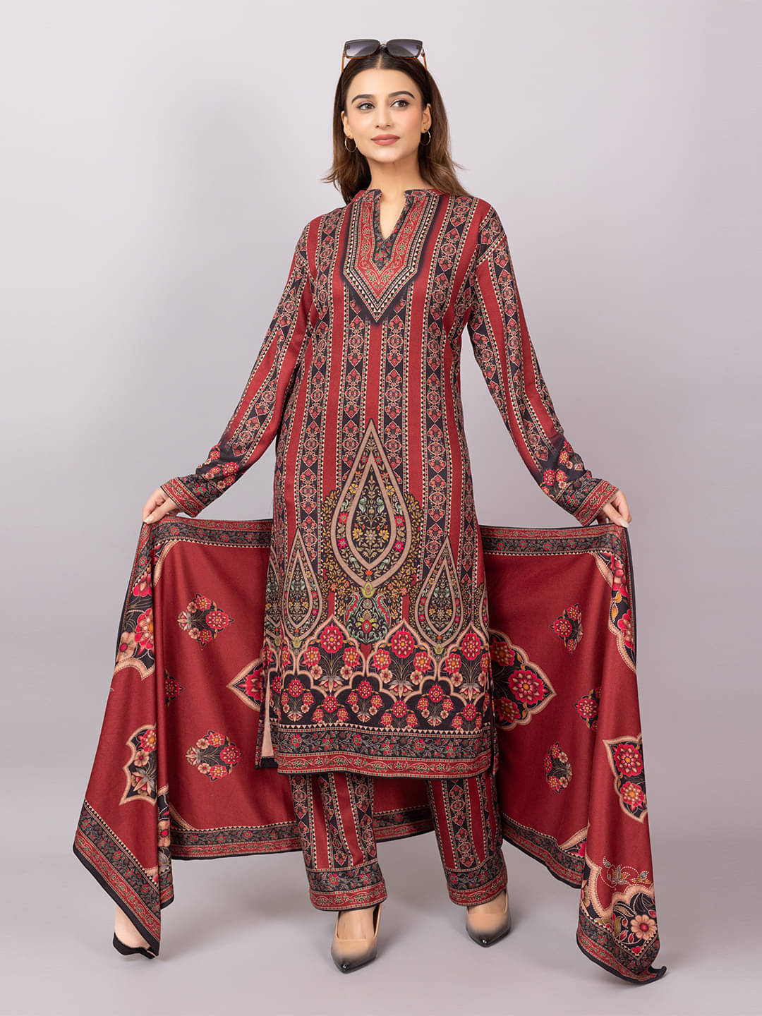     			Xenios Women Velvet Printed A-line Kurti With Palazzo ( Red )