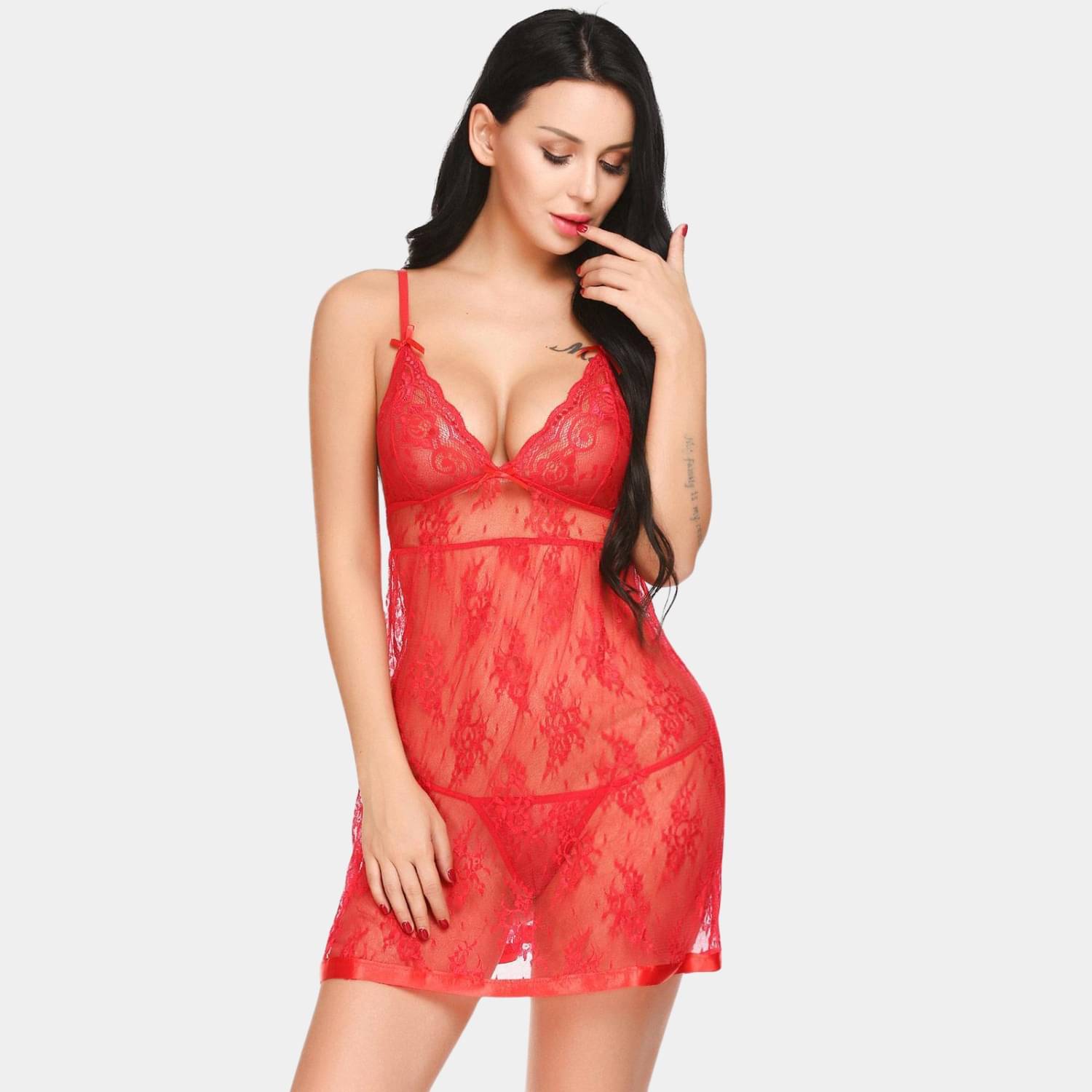     			Zerjama Red Lace Women Baby Doll Dress With Panty