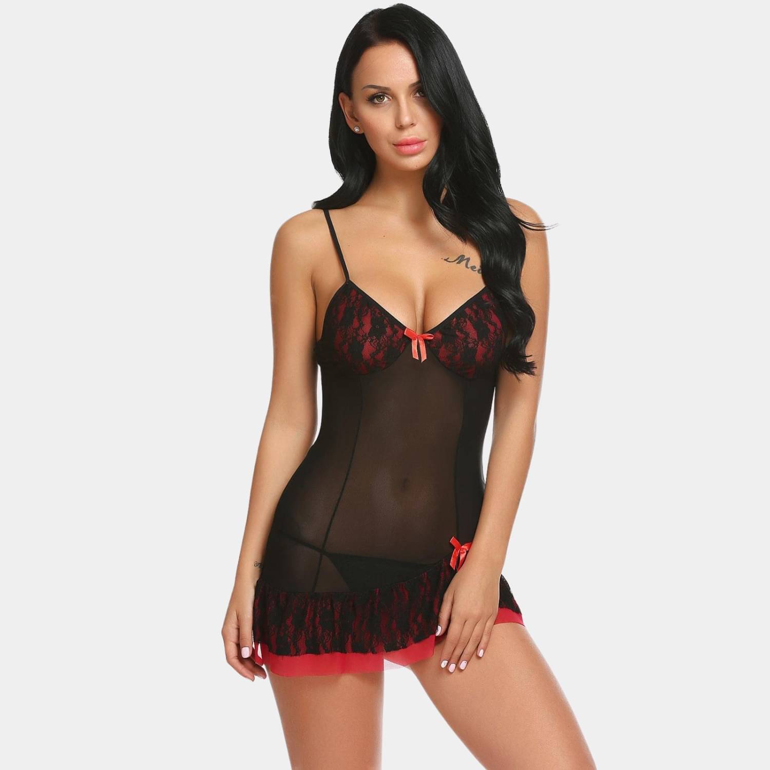     			Zerjama Red Net Women Baby Doll Dress With Panty