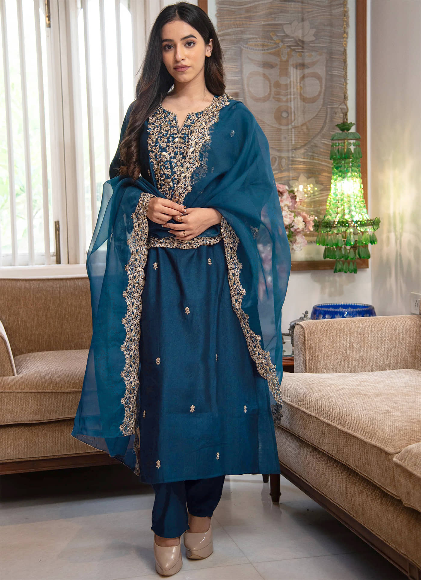kedar fab Women Cotton Blend Embroidered Straight Kurti With Pants ( Navy Blue )