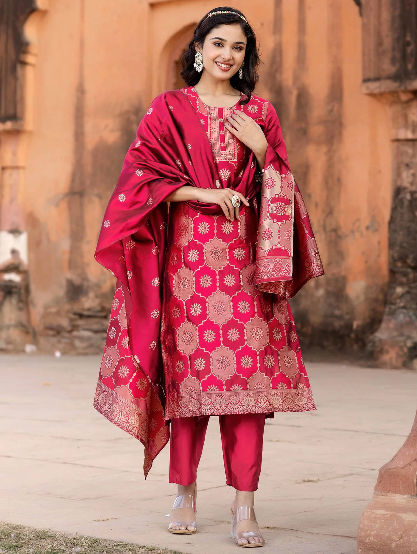     			kedar fab Women Silk Blend Self Design Straight Kurti With Pants ( Pink )