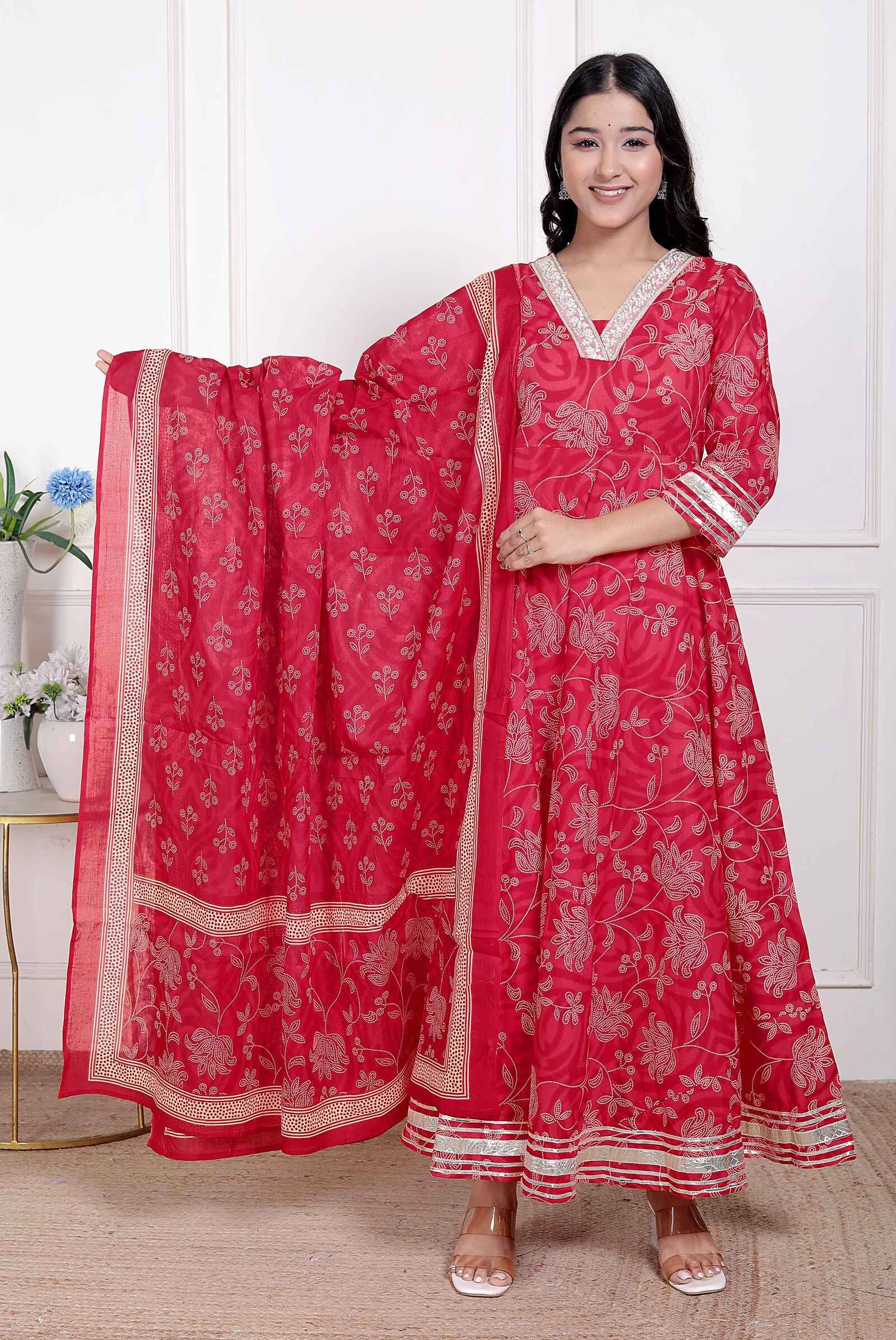     			miravan Women Cotton Printed Anarkali Kurti with Dupatta ( Red )