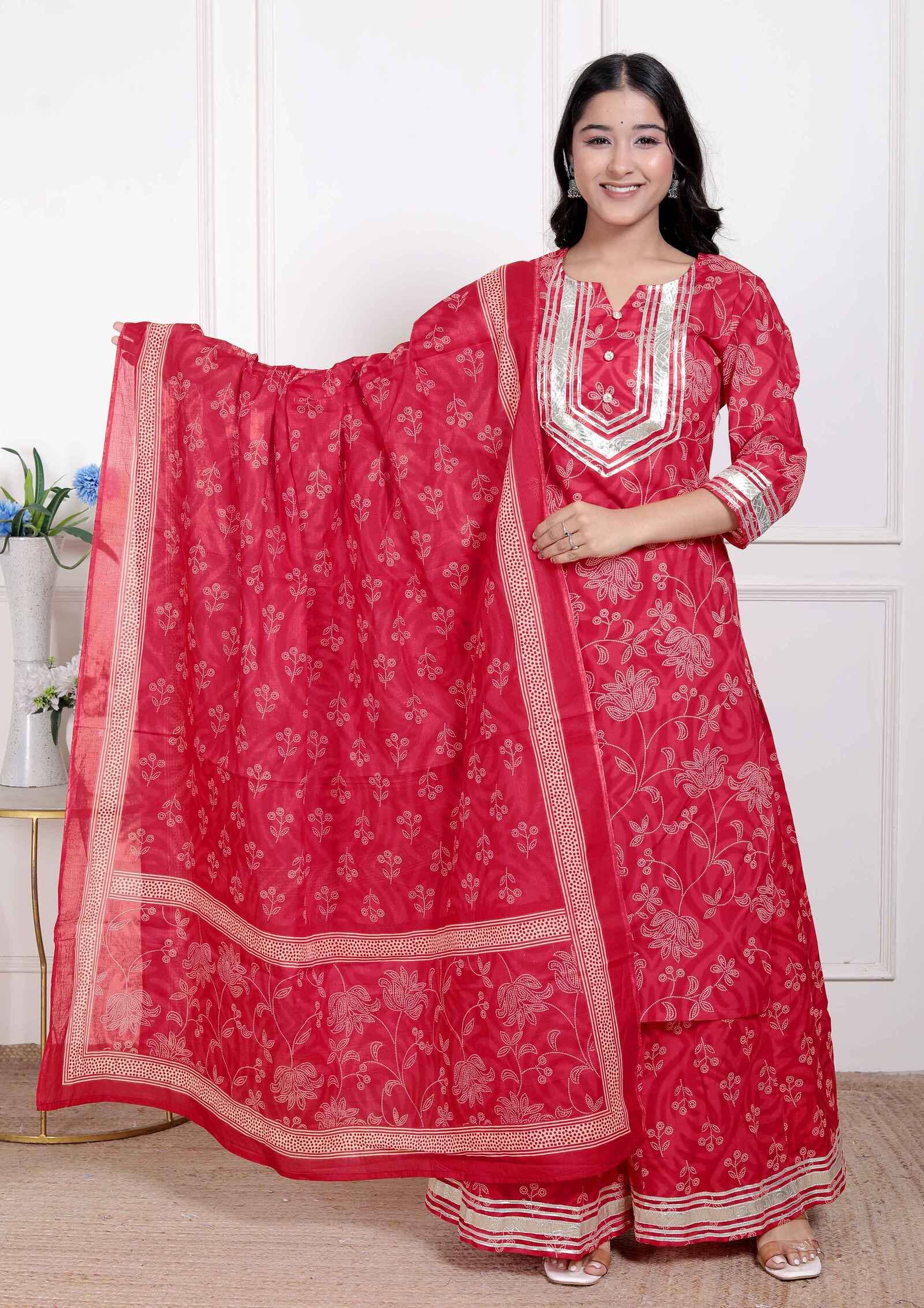 miravan Women Cotton Printed Straight Kurti With Palazzo ( Red )