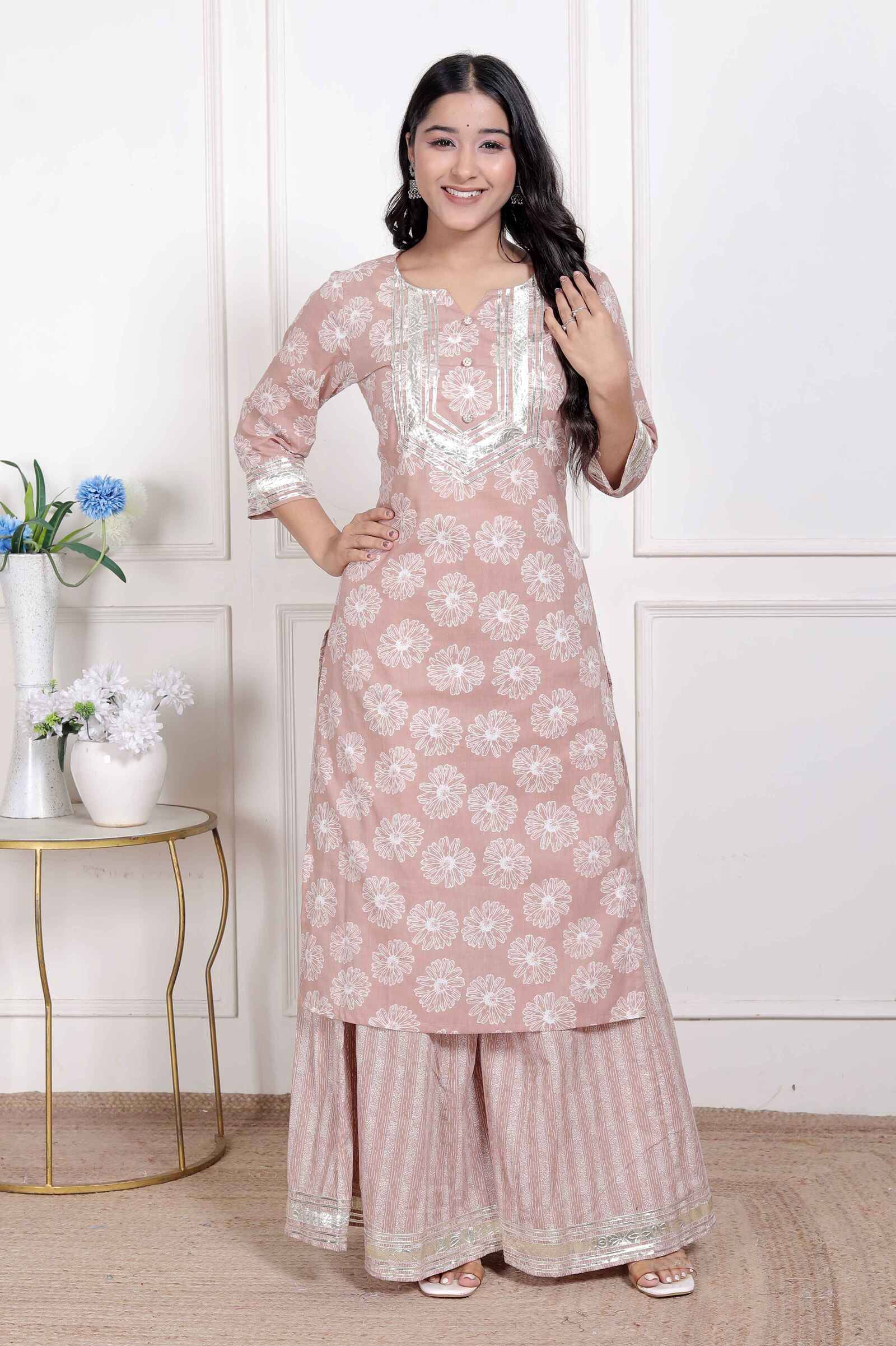     			miravan Women Cotton Printed Straight Kurti With Palazzo ( Brown )