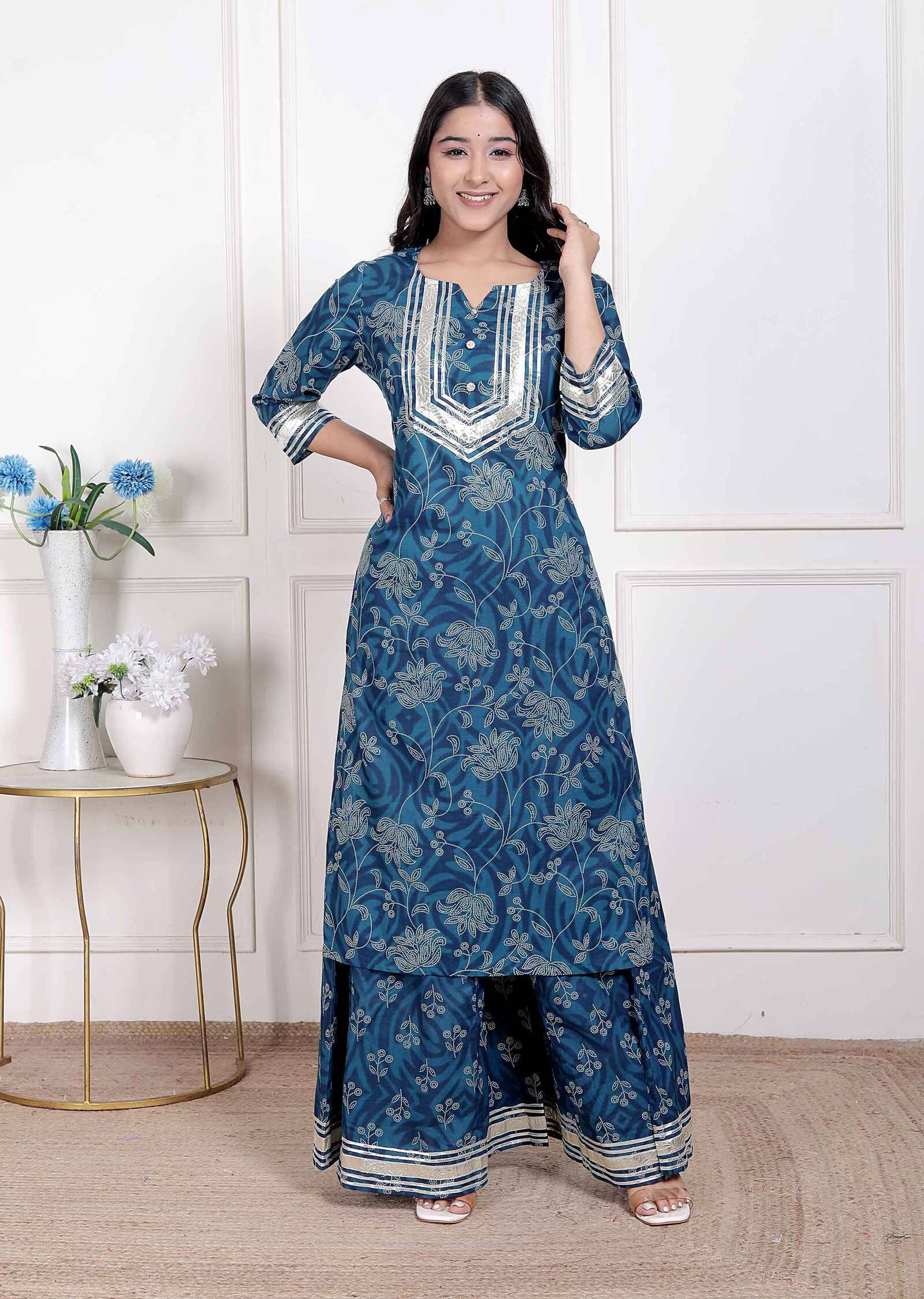miravan Women Cotton Printed Straight Kurti With Palazzo ( Blue )     			miravan Women Cotton Printed Straight Kurti With Palazzo ( Blue )