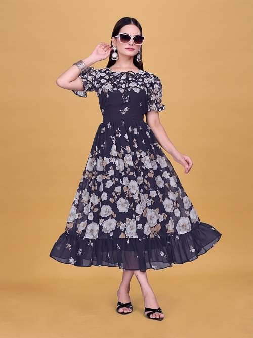 A TO Z CART Women Georgette Printed Fit & Flare Dress ( Navy ) A TO Z CART Women Georgette Printed Fit & Flare Dress ( Navy )
