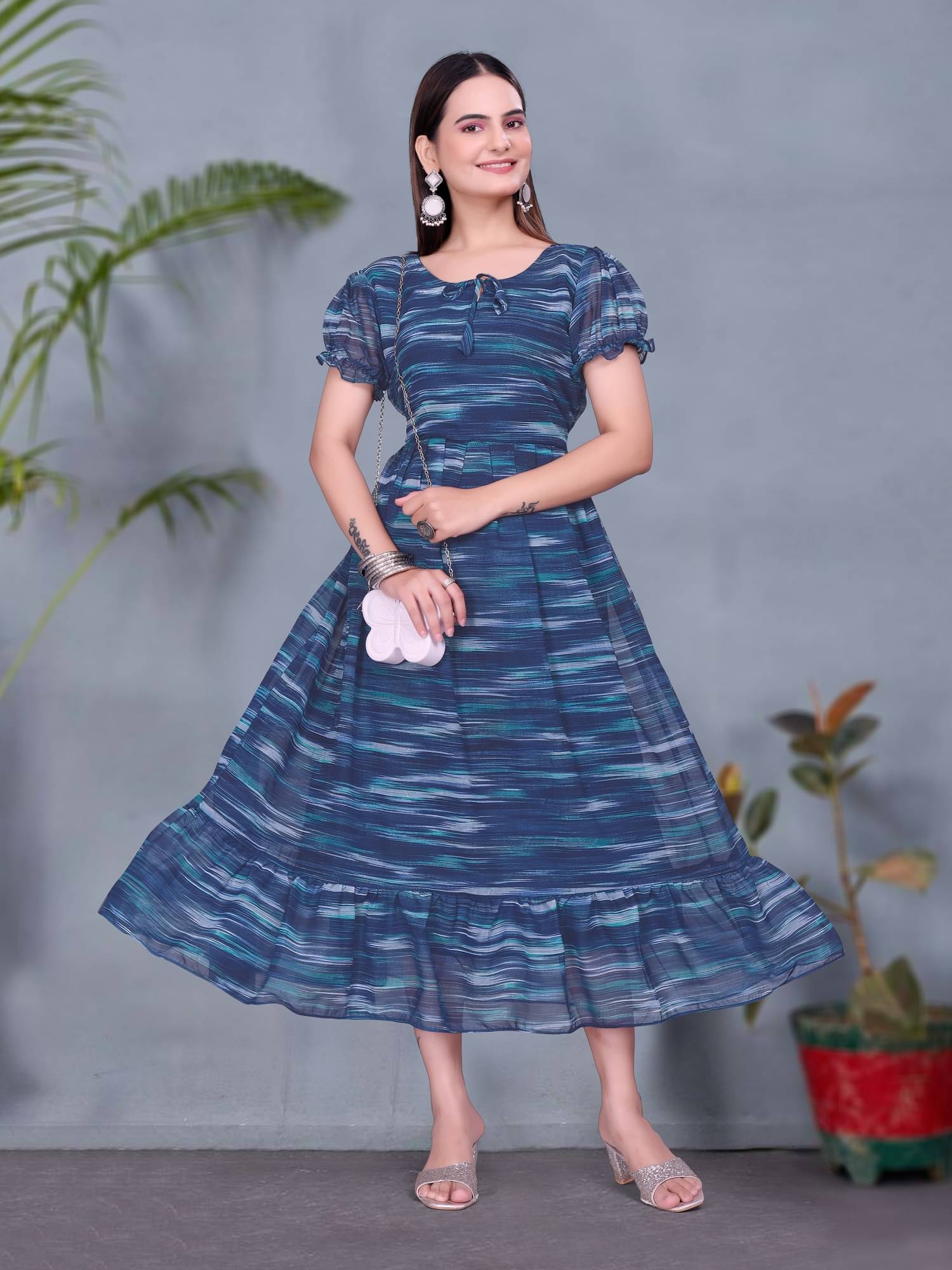     			A TO Z CART Women Georgette Printed Fit & Flare Dress ( Blue )