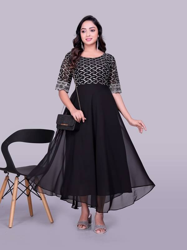     			A TO Z CART Women Georgette Flared Stitched Ethnic Gown With Dupatta ( Black )