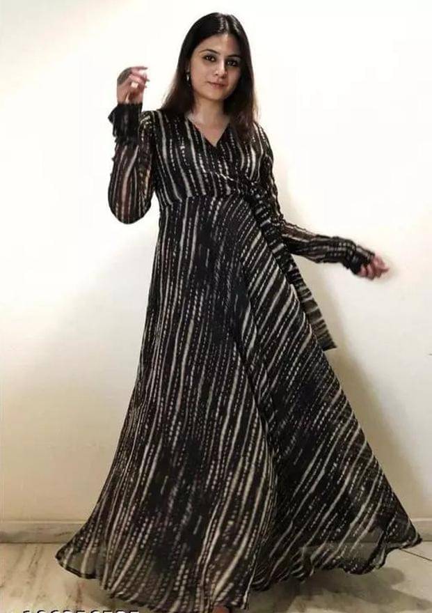     			A TO Z CART Women Georgette Flared Stitched Ethnic Gown With Dupatta ( Black )