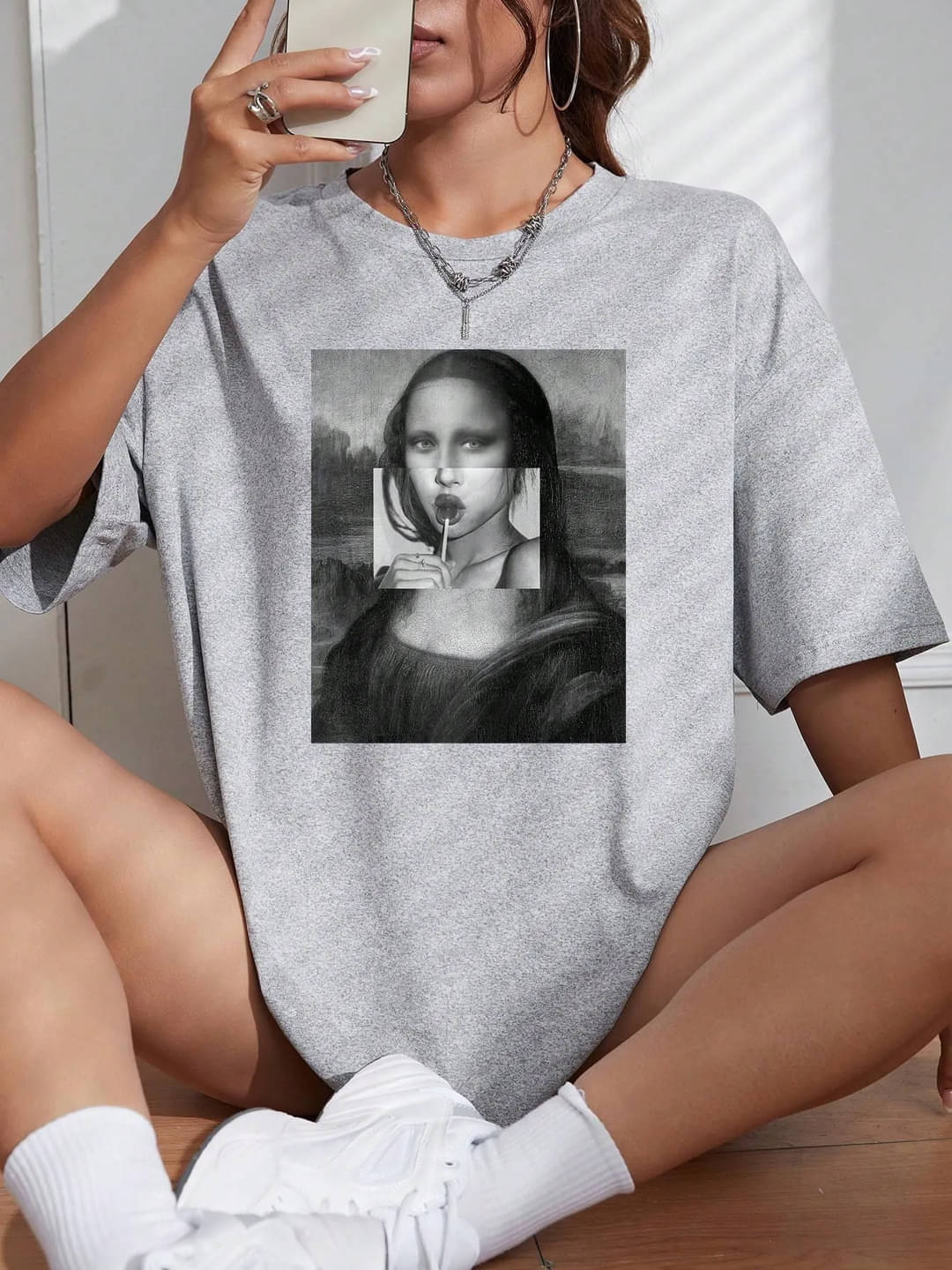 AKIR ADVISORY INDIA LLP Women Cotton Blend Printed Oversized Fit Round Neck T-Shirt ( Grey )     			AKIR ADVISORY INDIA LLP Women Cotton Blend Printed Oversized Fit Round Neck T-Shirt ( Grey )
