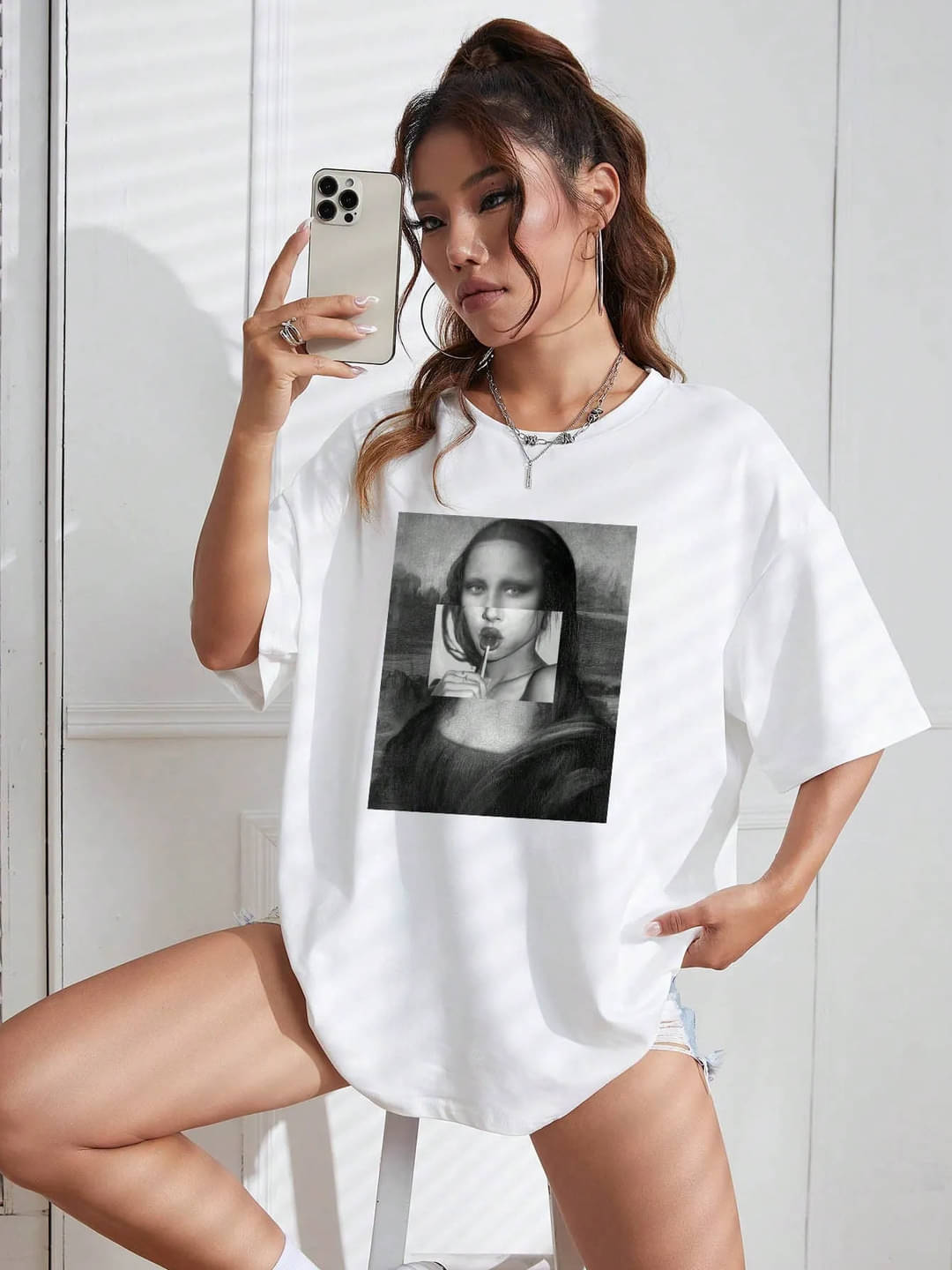AKIR ADVISORY INDIA LLP Women Cotton Blend Printed Oversized Fit Round Neck T-Shirt ( White ) AKIR ADVISORY INDIA LLP Women Cotton Blend Printed Oversized Fit Round Neck T-Shirt ( White )