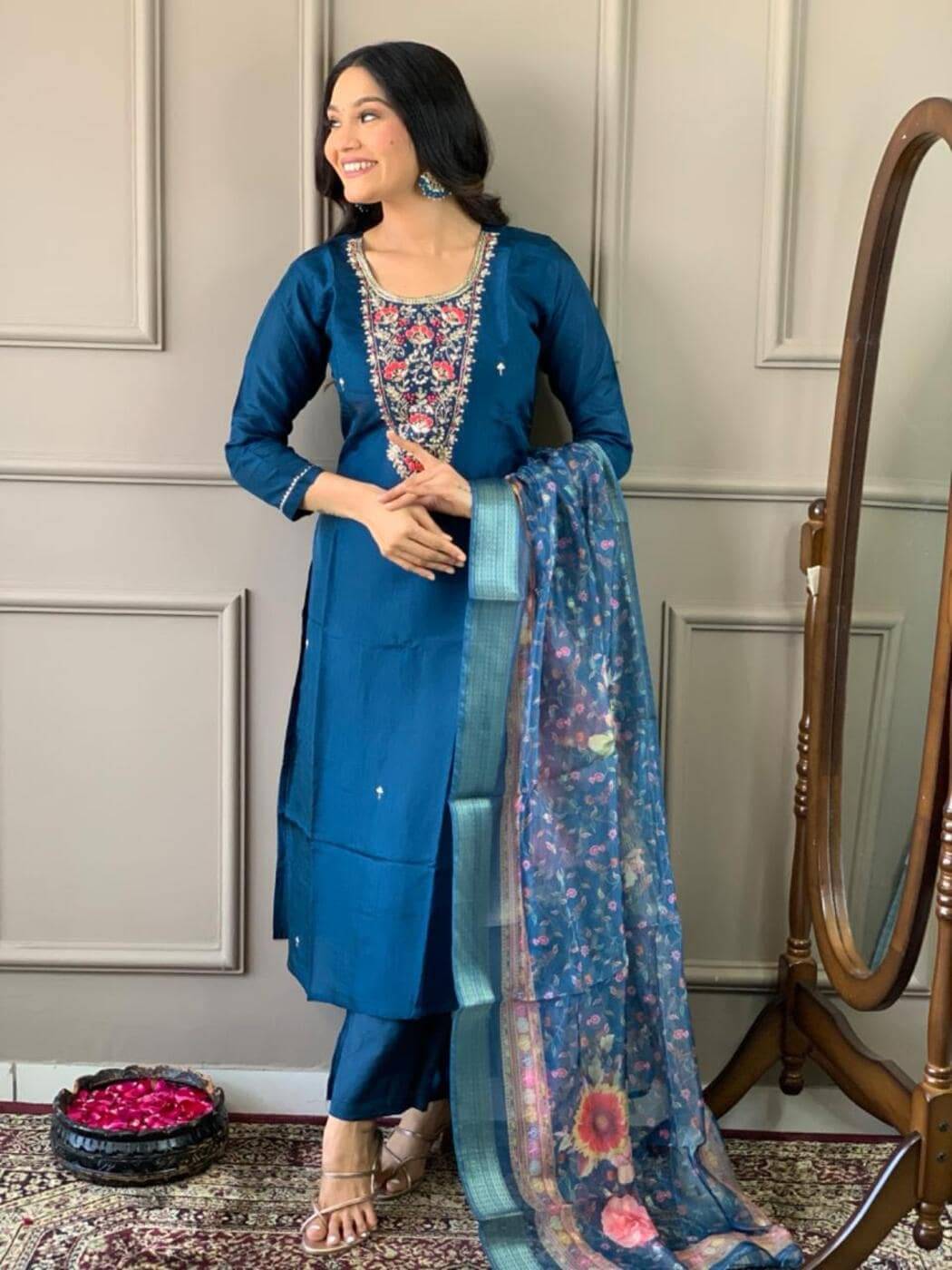 ANKHIR ERA Women Rayon Embroidered A-line Kurti With Pants ( Blue )     			ANKHIR ERA Women Rayon Embroidered A-line Kurti With Pants ( Blue )