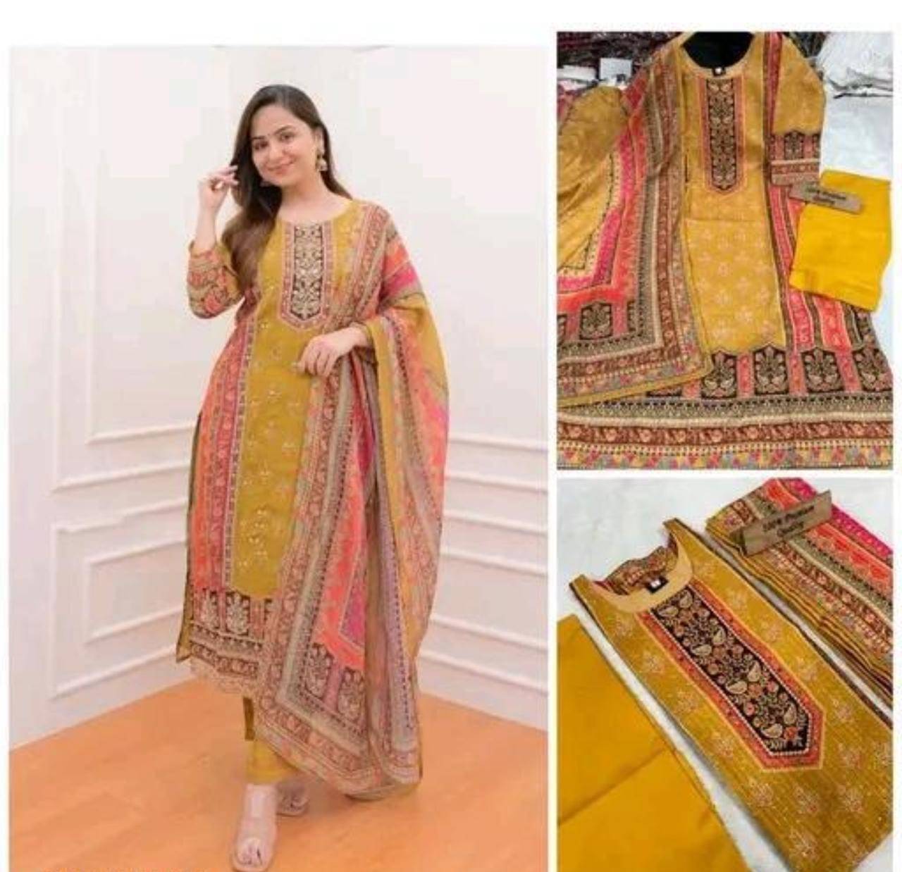     			ANKHIR ERA Women Rayon Embroidered A-line Kurti With Pants ( Yellow )