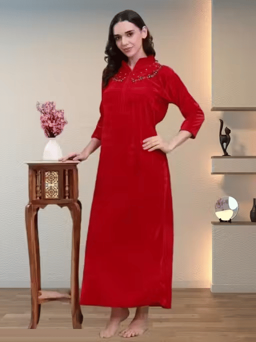     			ANSH Collections Velvet Embroidered Women Regular Nighty ( Red )