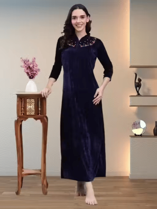     			ANSH Collections Velvet Embroidered Women Regular Nighty ( Navy Blue )