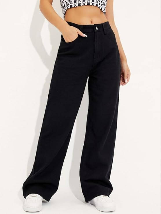     			AngelFab Women's Wide Leg High-Rise Jeans ( Black )