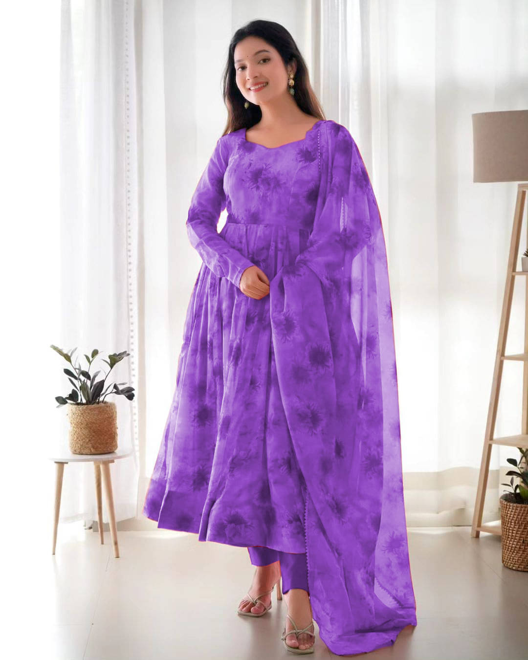     			Apnisha Women Georgette Flared Stitched Ethnic Gown With Dupatta ( Lavender )