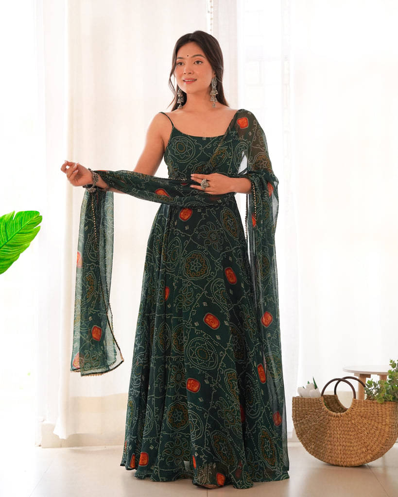 Apnisha Women Georgette Flared Stitched Ethnic Gown With Dupatta ( Green )     			Apnisha Women Georgette Flared Stitched Ethnic Gown With Dupatta ( Green )