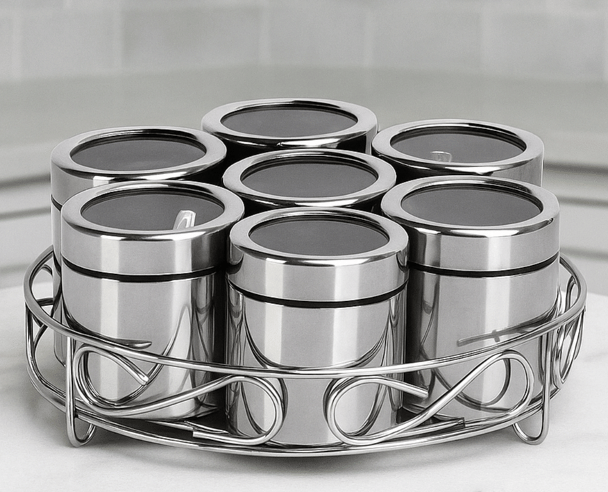     			Aquasleri 7 Masala Box & Stand Steel Silver Spice Container ( Set of 7 )