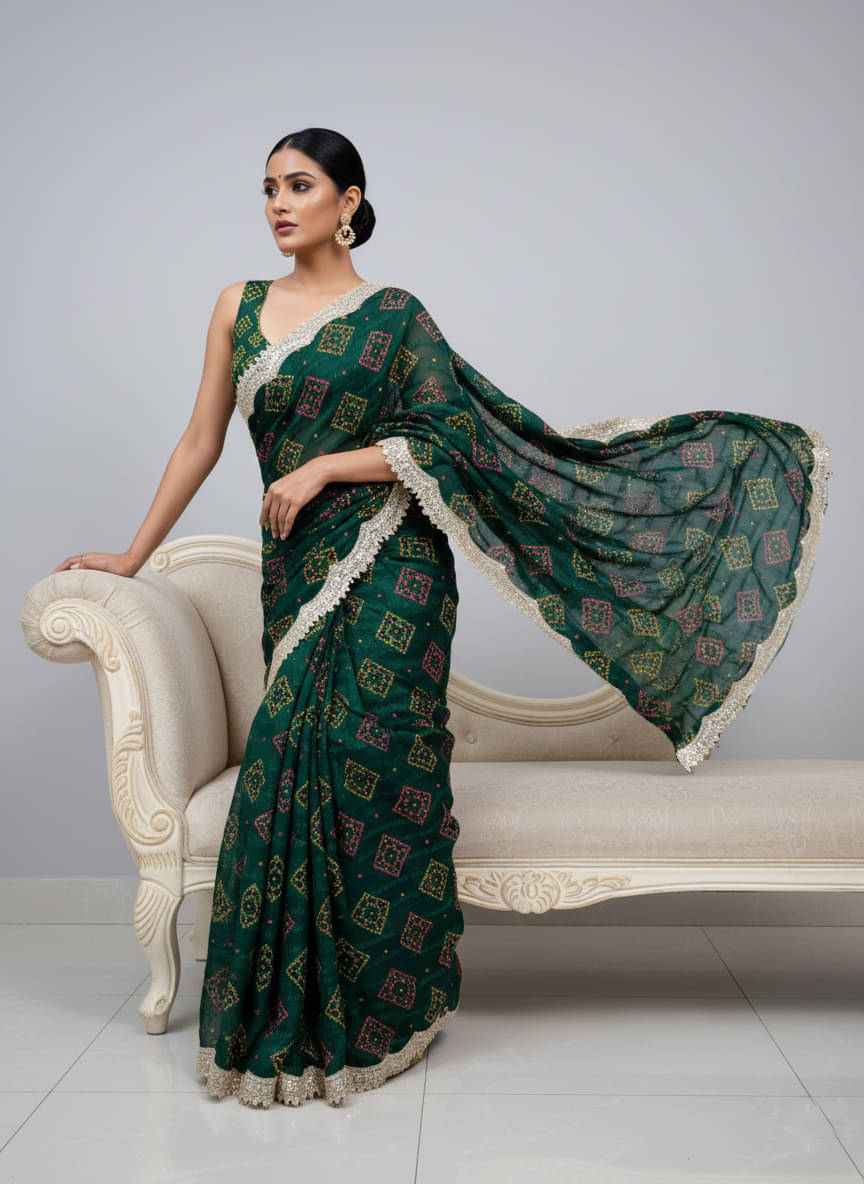     			Avenue Creation Chiffon Printed Bandhani Sarees With Unstitched Blouse Piece ( Green )