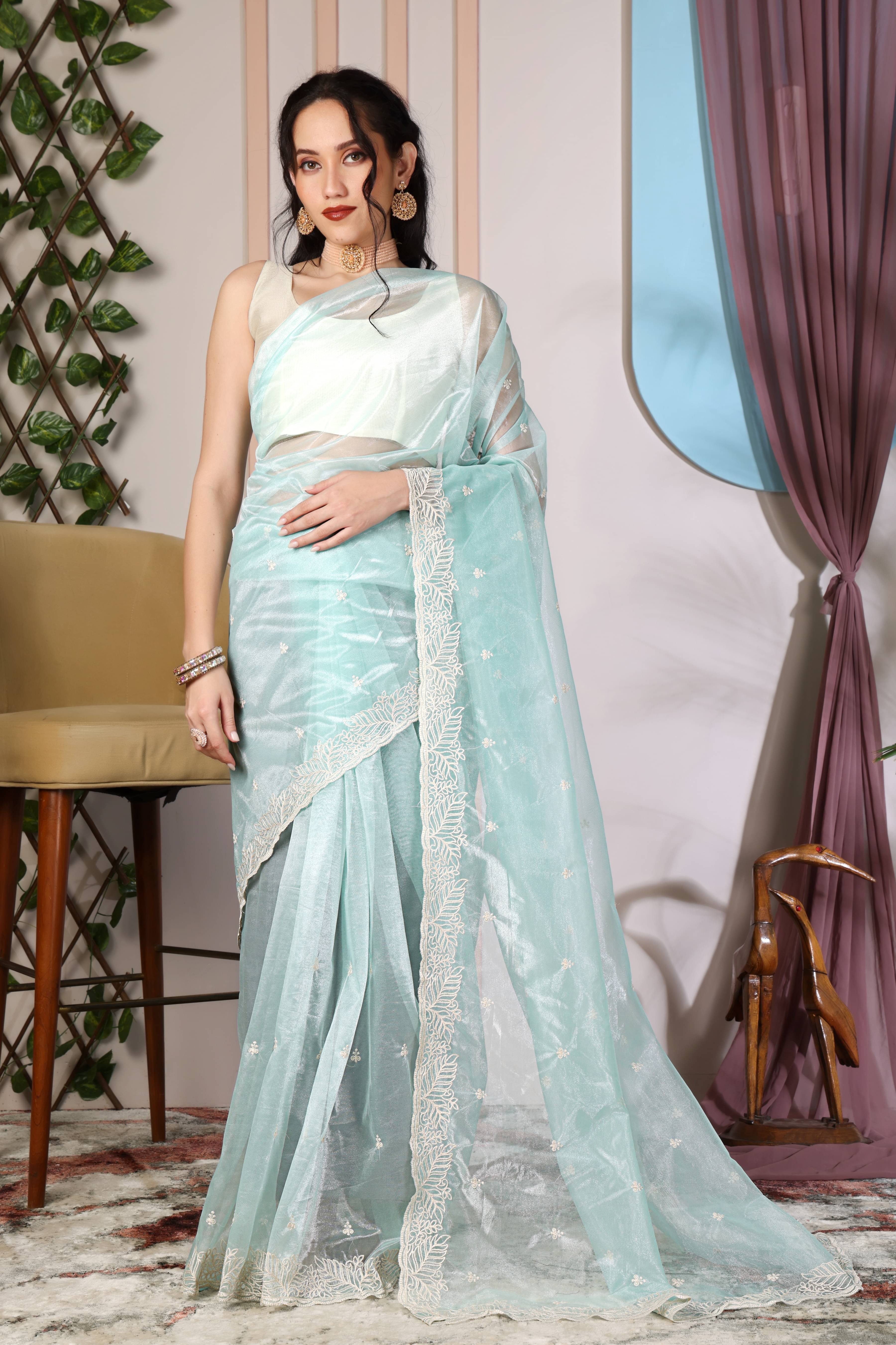     			BAHUCHARAJI ENTERPRISE Net Embroidered Regular Saree With Unstitched Blouse Piece ( Light Blue )