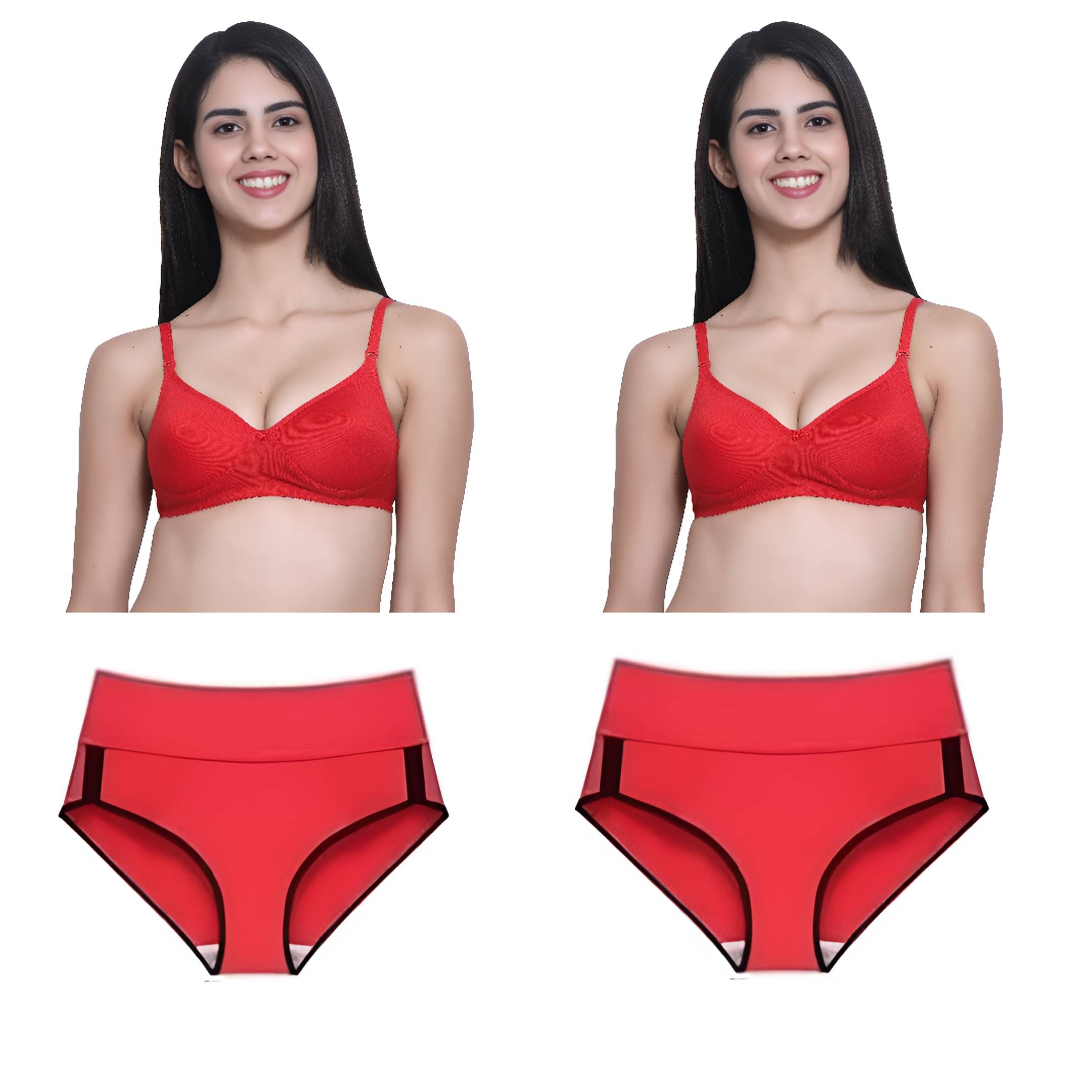     			Bebron Cotton Blend Non Padded Bra & Panty Set ( Red , Pack of 2 )