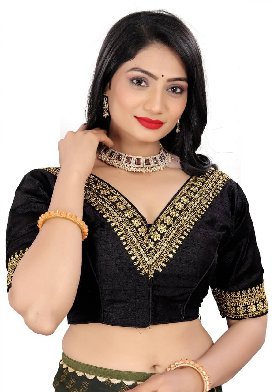 Bigbest Feb Art Silk Readymade with Pad V-Neck Women's Blouse ( Black )     			Bigbest Feb Art Silk Readymade with Pad V-Neck Women's Blouse ( Black )