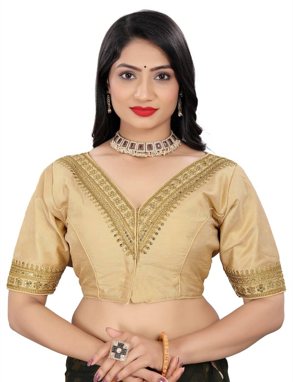 Bigbest Feb Art Silk Readymade with Pad V-Neck Women's Blouse ( Gold )     			Bigbest Feb Art Silk Readymade with Pad V-Neck Women's Blouse ( Gold )