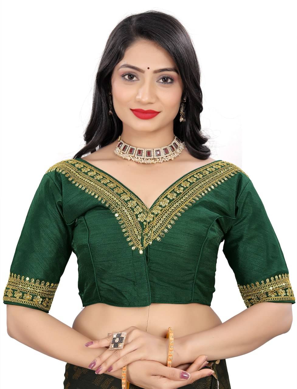     			Bigbest Feb Art Silk Readymade with Pad V-Neck Women's Blouse ( Green )