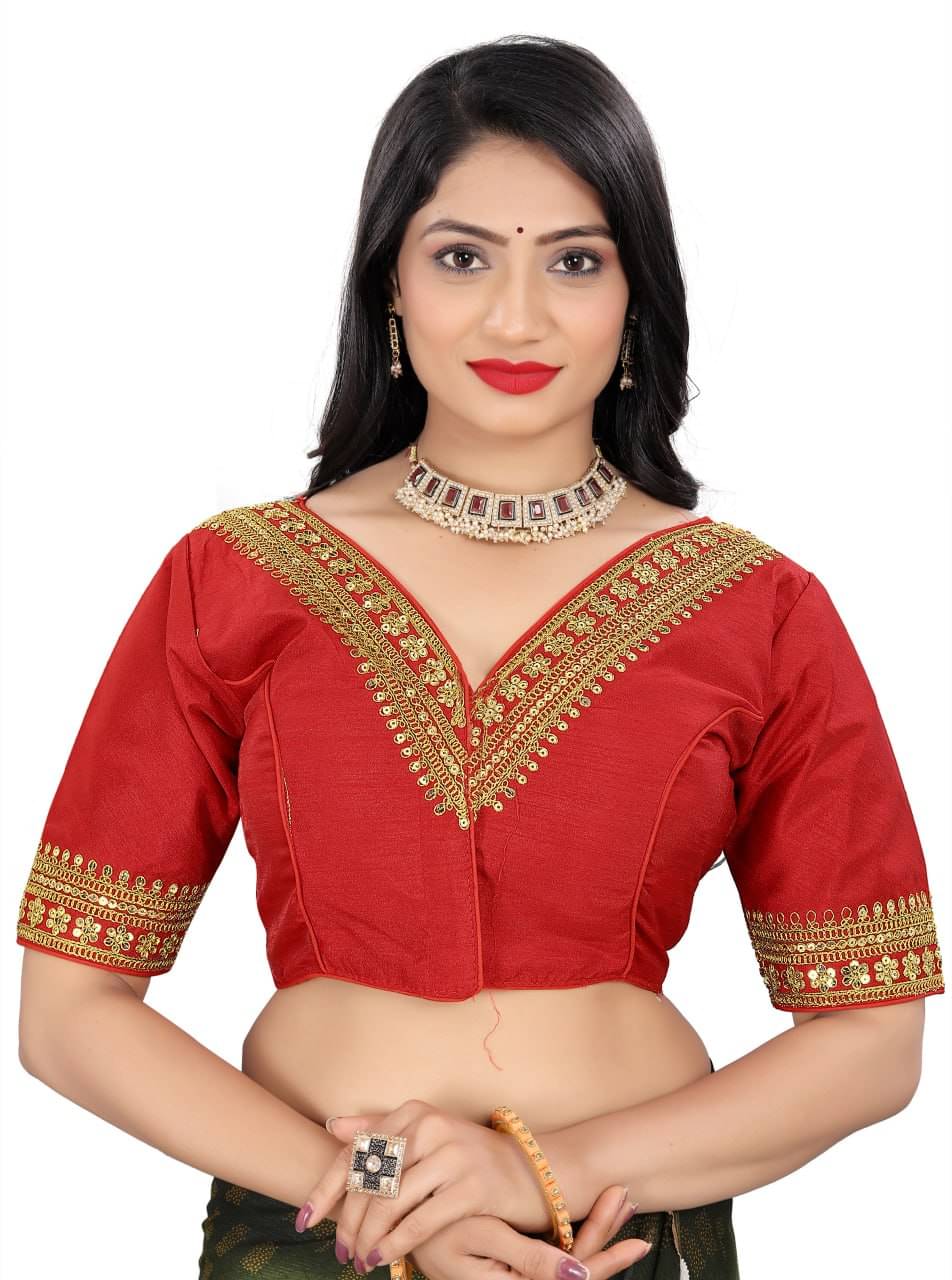 Bigbest Feb Art Silk Readymade with Pad V-Neck Women's Blouse ( Red )     			Bigbest Feb Art Silk Readymade with Pad V-Neck Women's Blouse ( Red )