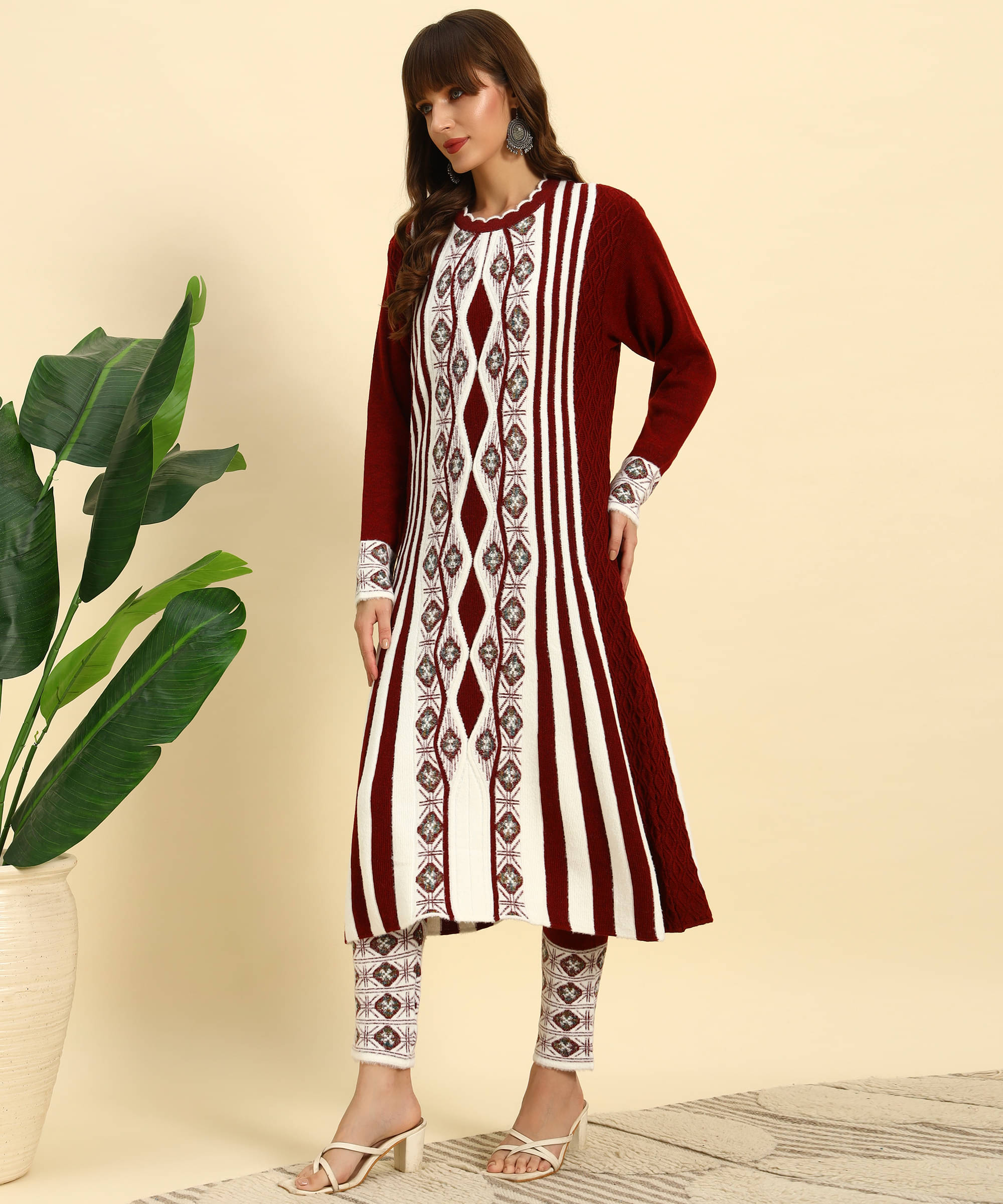     			Canblar Women Woollen Striped Frock Style Kurti With Palazzo ( Maroon )