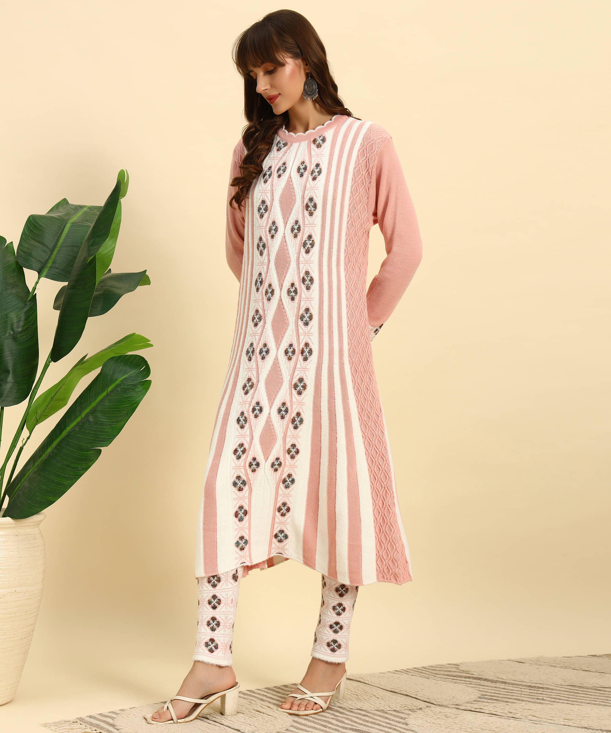     			Canblar Women Woollen Striped Frock Style Kurti With Palazzo ( Peach )