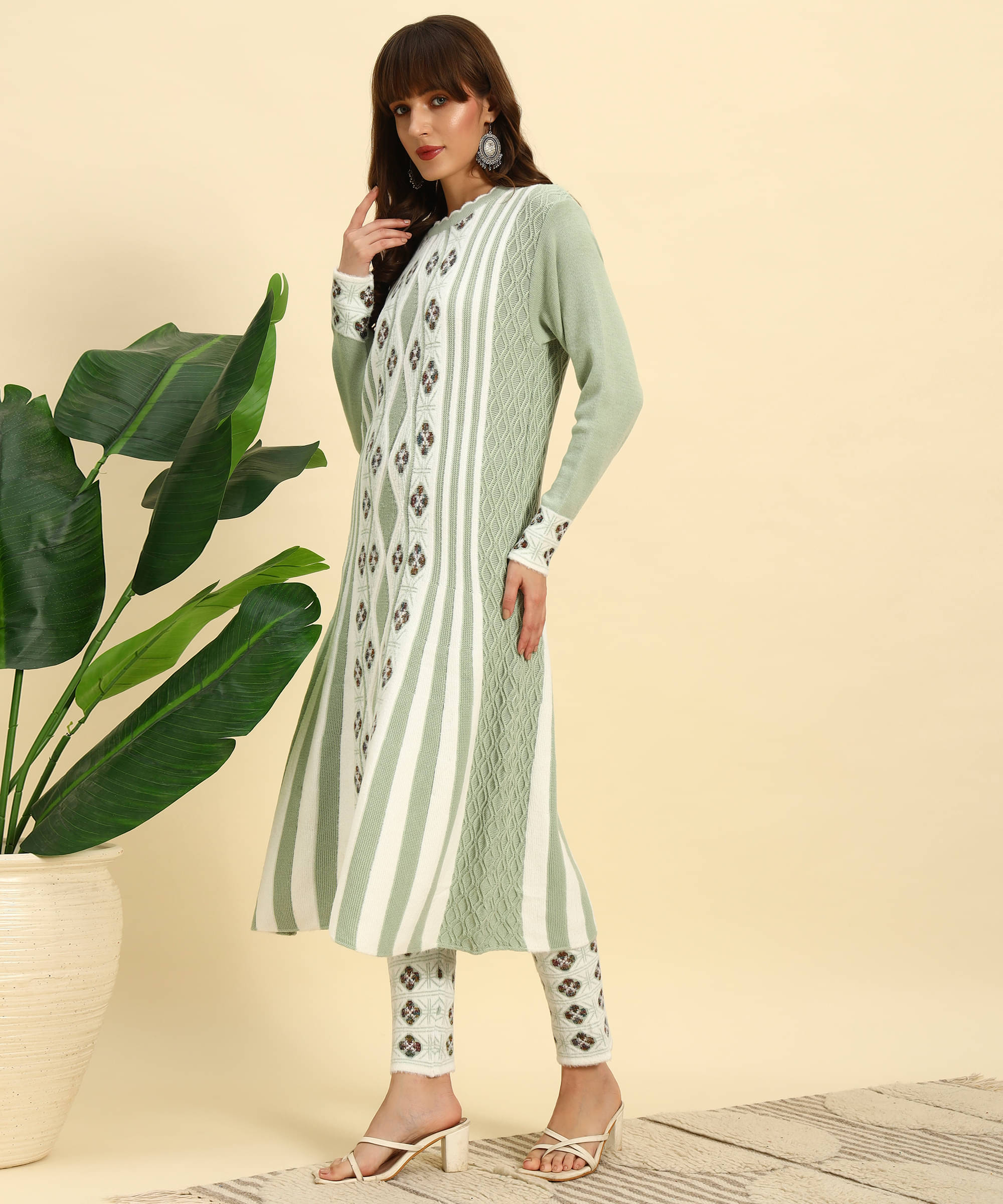     			Canblar Women Woollen Striped Frock Style Kurti With Palazzo ( Green )