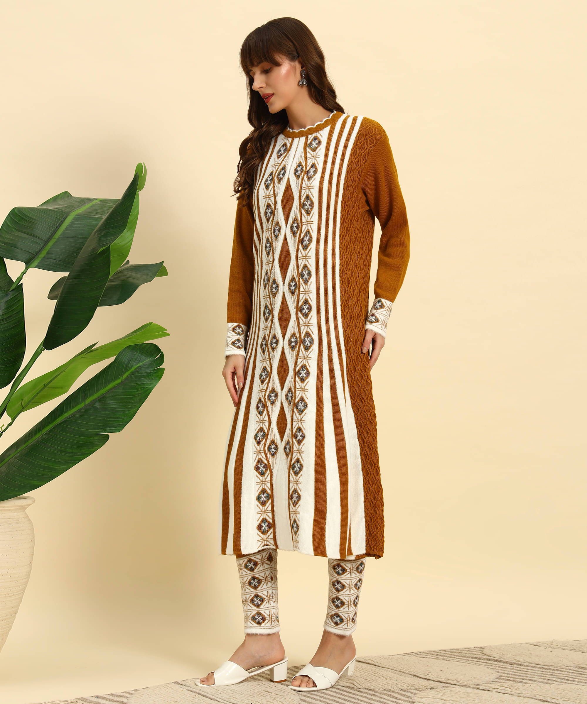     			Canblar Women Woollen Striped Frock Style Kurti With Palazzo ( Brown )