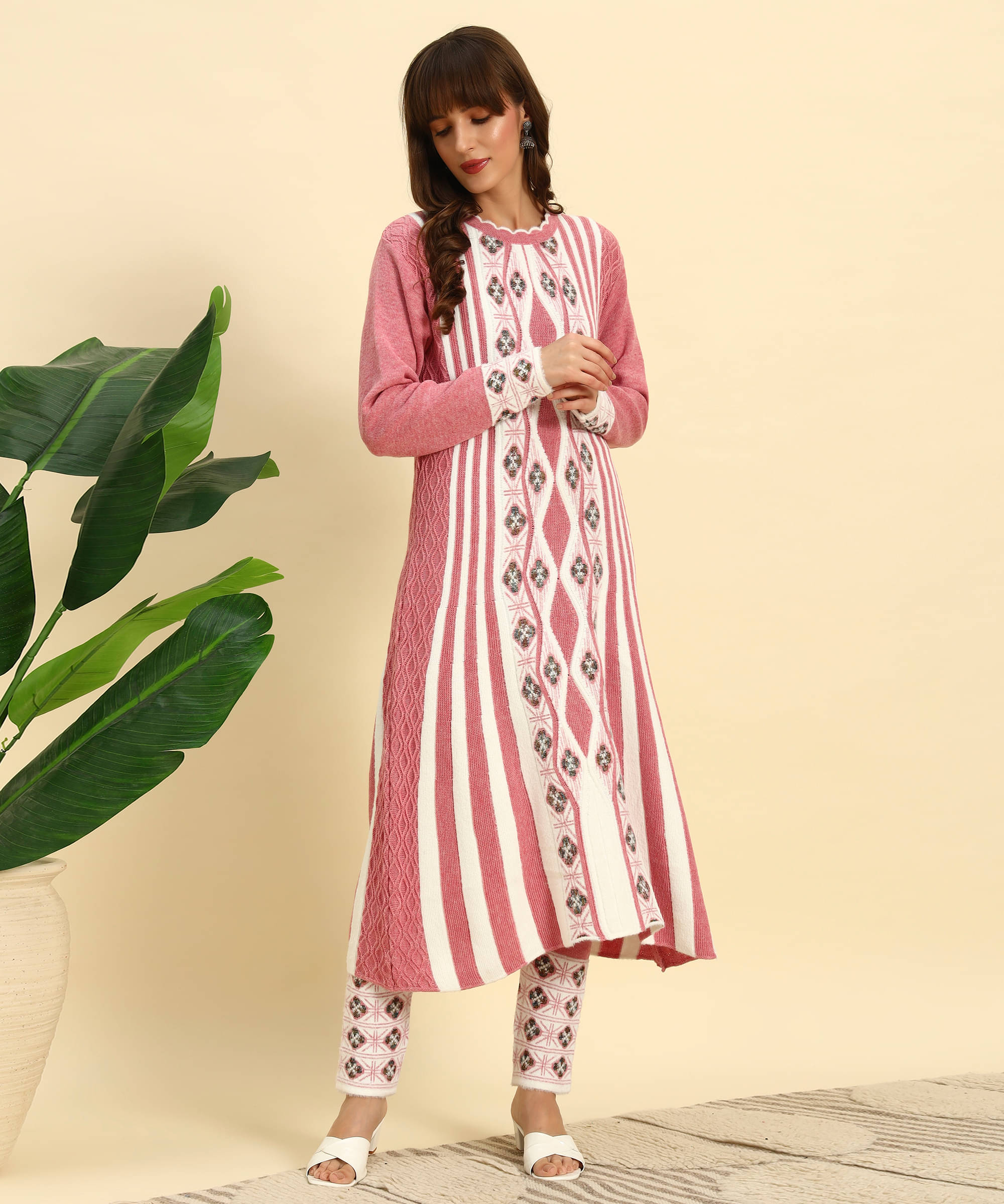     			Canblar Women Woollen Striped Frock Style Kurti With Palazzo ( Pink )