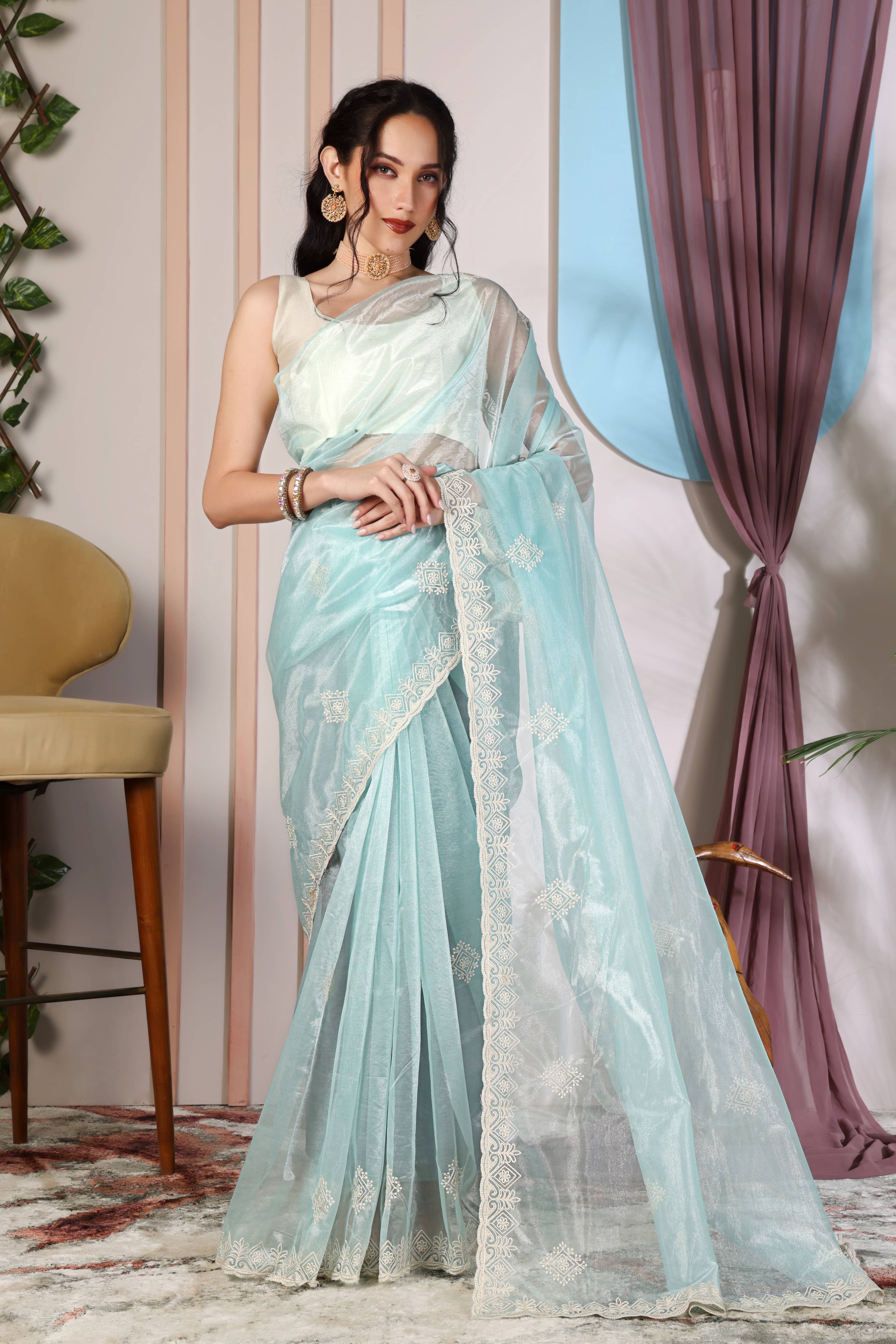     			FOLENNE Net Embroidered Regular Saree With Unstitched Blouse Piece ( Light Blue )